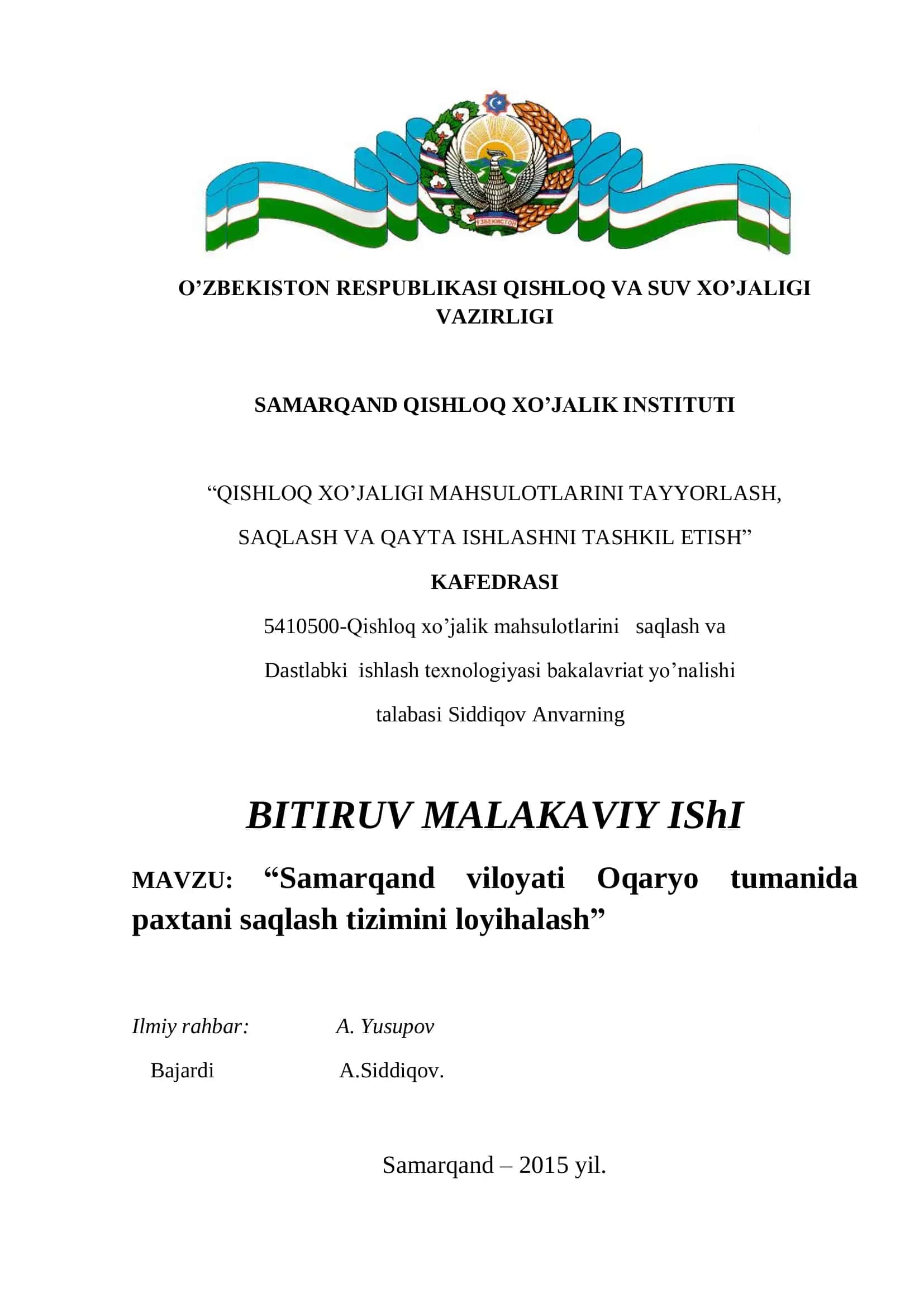 Qishloq xo'jaligi mahsulotlarini saqlash va Dastlabki ishlash texnologiyasi