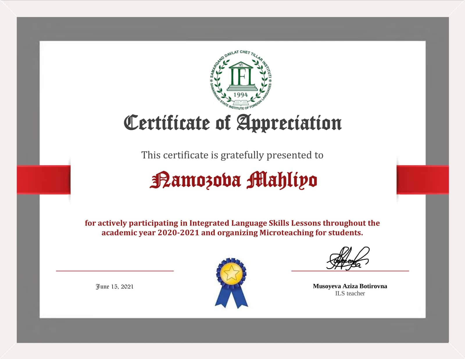 Certificate of Appreciation