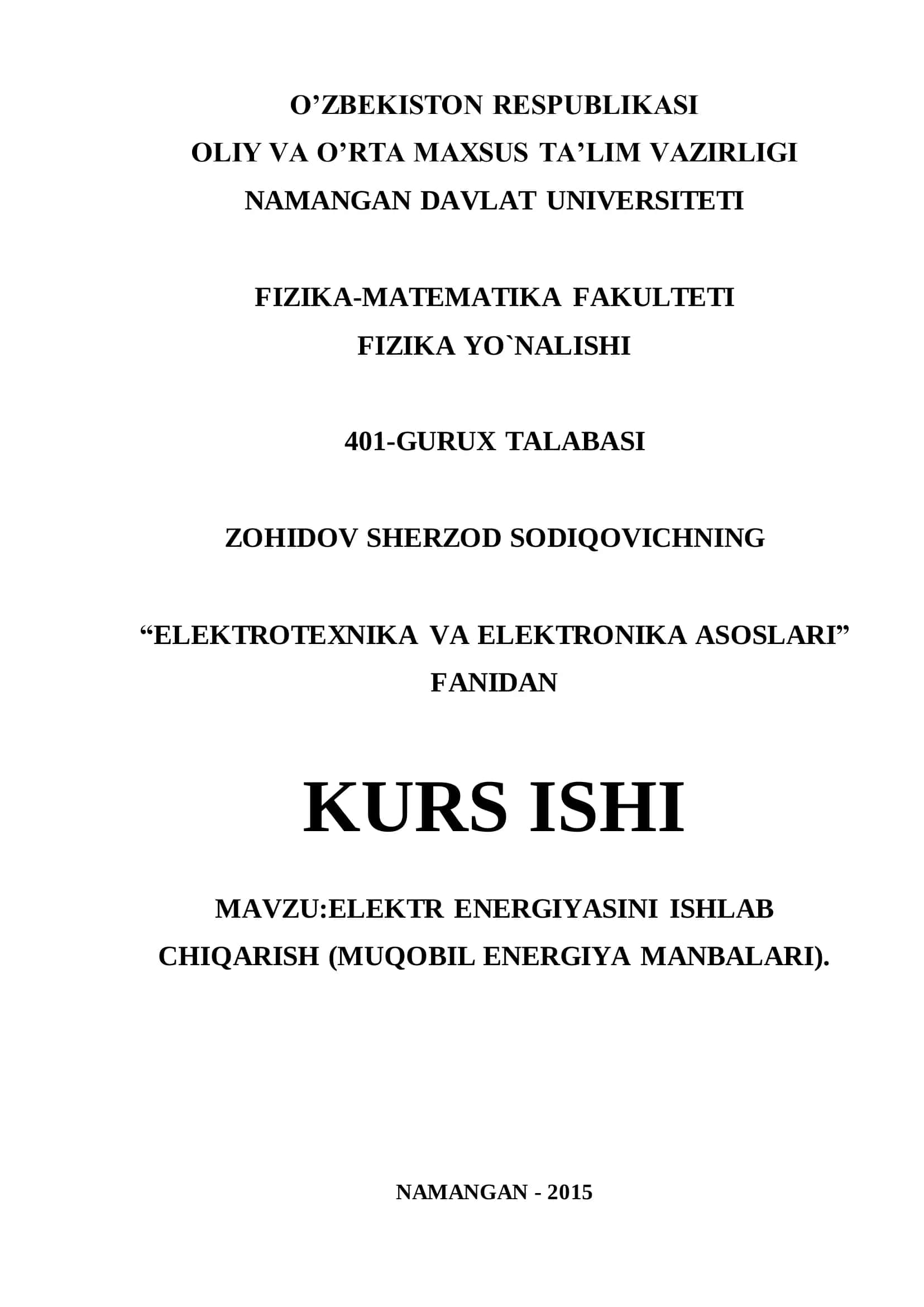 ELEKTR ENERGIYASINI ISHLAB CHIQARISH (MUQOBIL ENERGIYA MANBALARI)