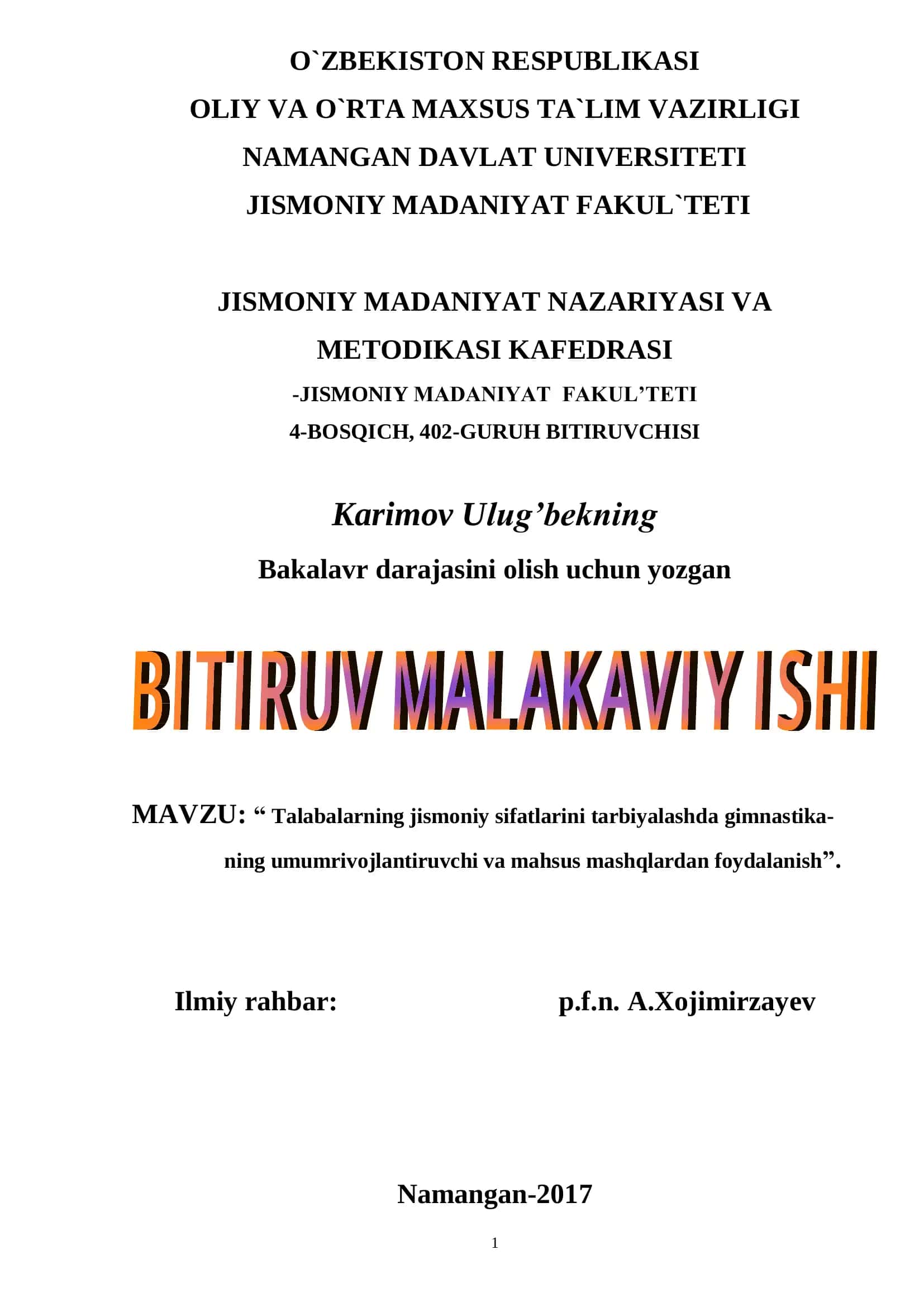 Talabalarning jismoniy sifatlarini tarbiyalashda gimnastika