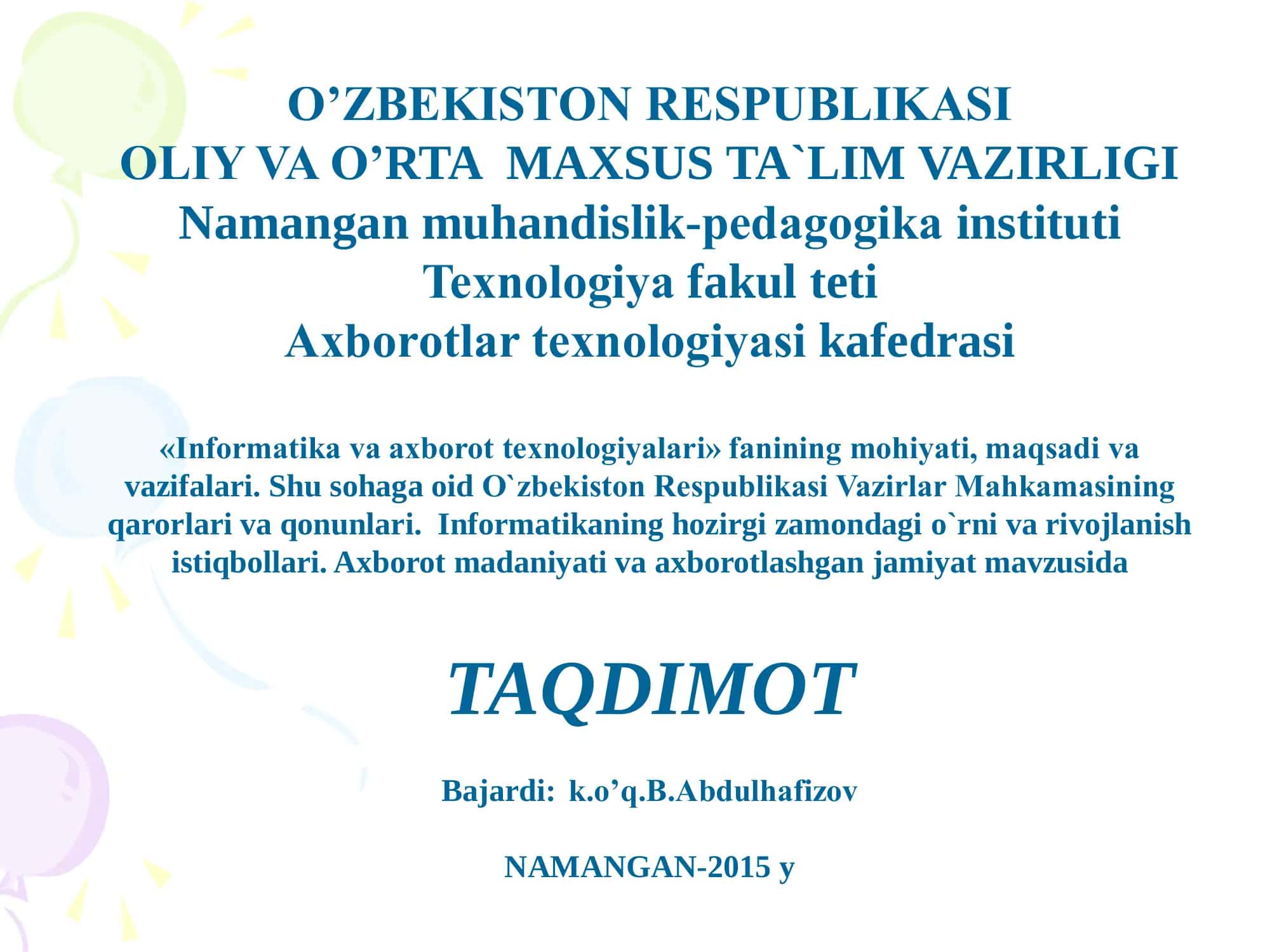Informatika va axborot tеxnologiyalari