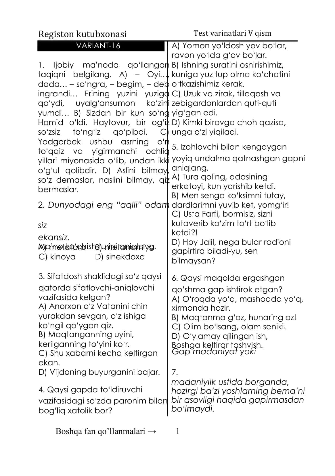 Test varinatlari V qism