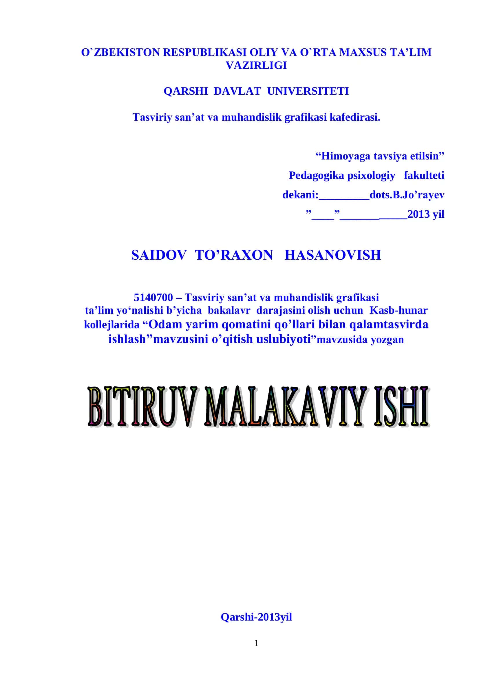 Odam yarim qomatini qo‟llari bilan qalamtasvirda ishlash