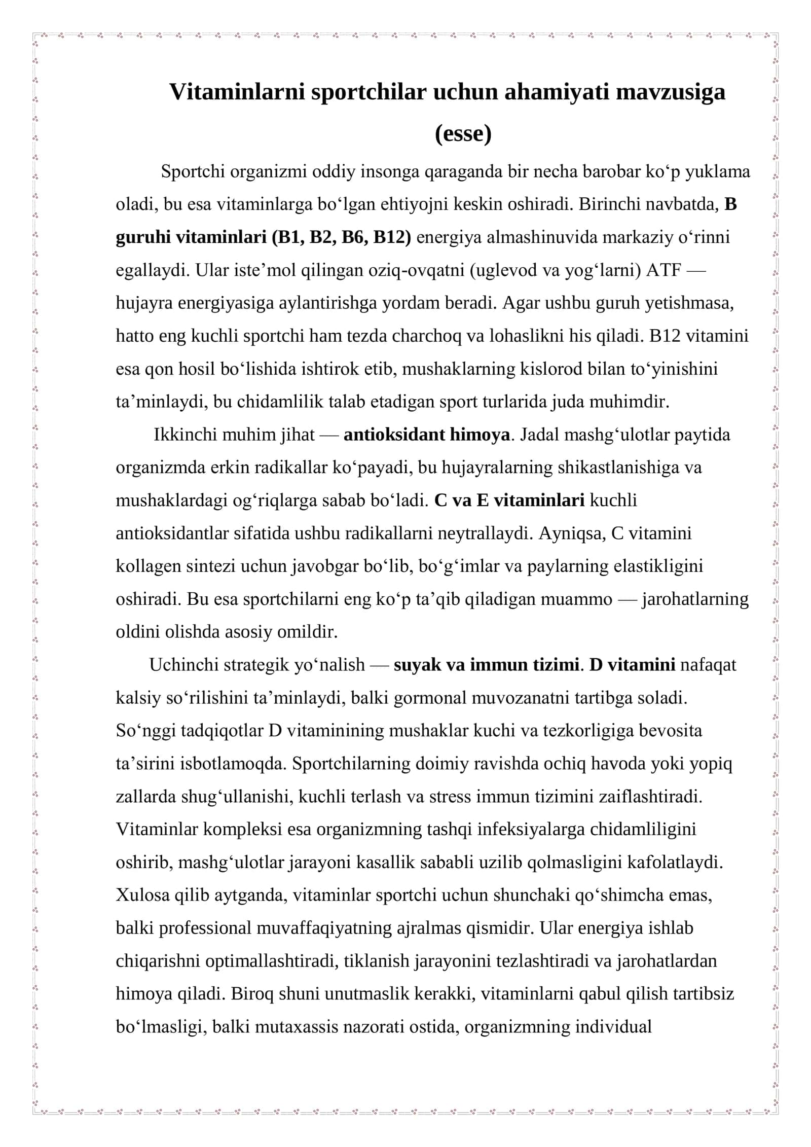 Vitaminlarni sportchilar uchun ahamiyati