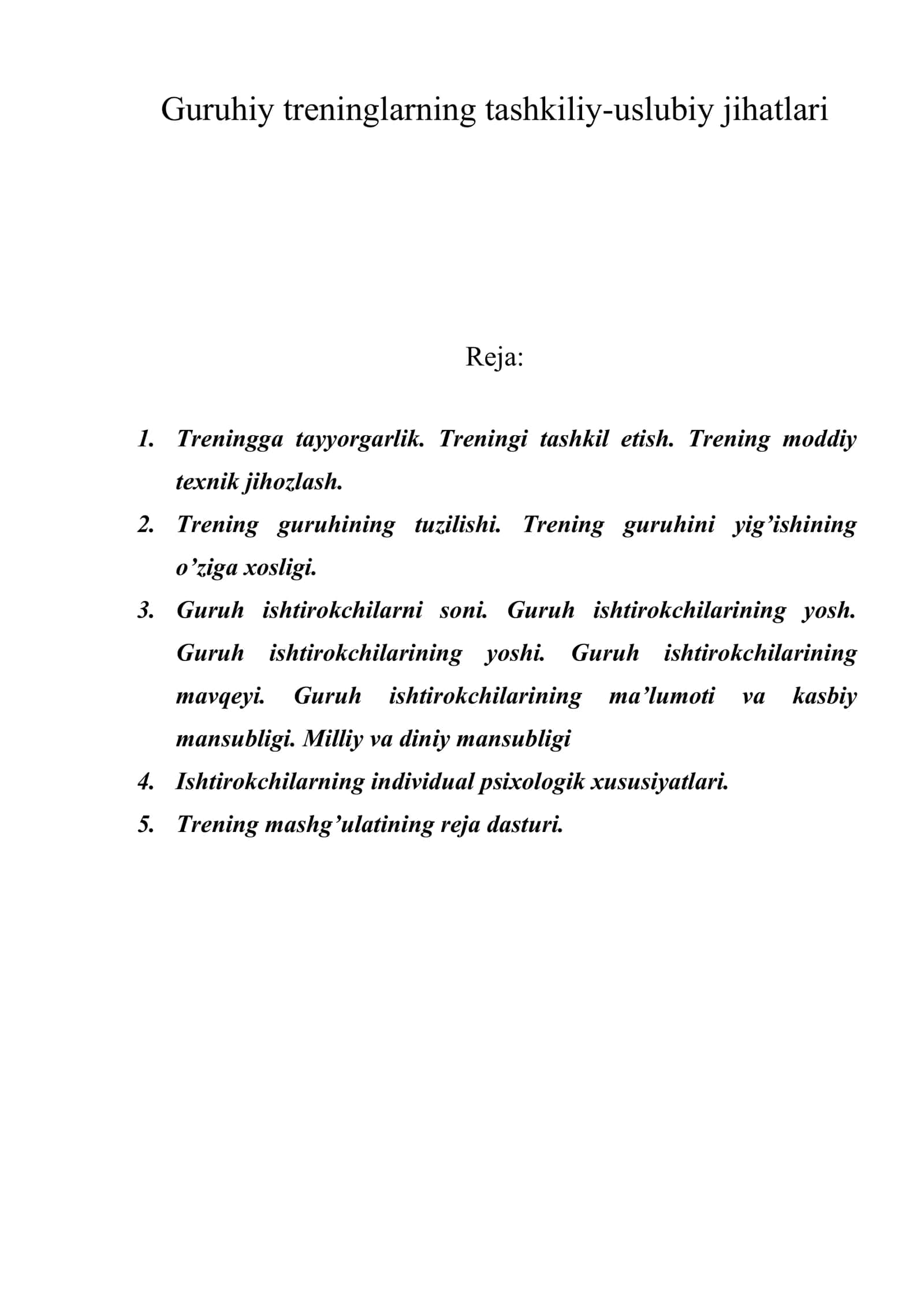 Guruhiy treninglarning tashkiliy-uslubiy jihatlari