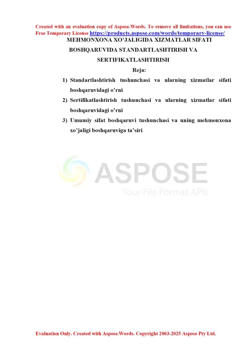 MЕHMОNХОNА ХO’JАLIGIDА ХIZMАTLАR SIFАTI BОSHQАRUVIDА STАNDАRTLАSHTIRISH VА SЕRTIFIKАTLАSHTIRISH