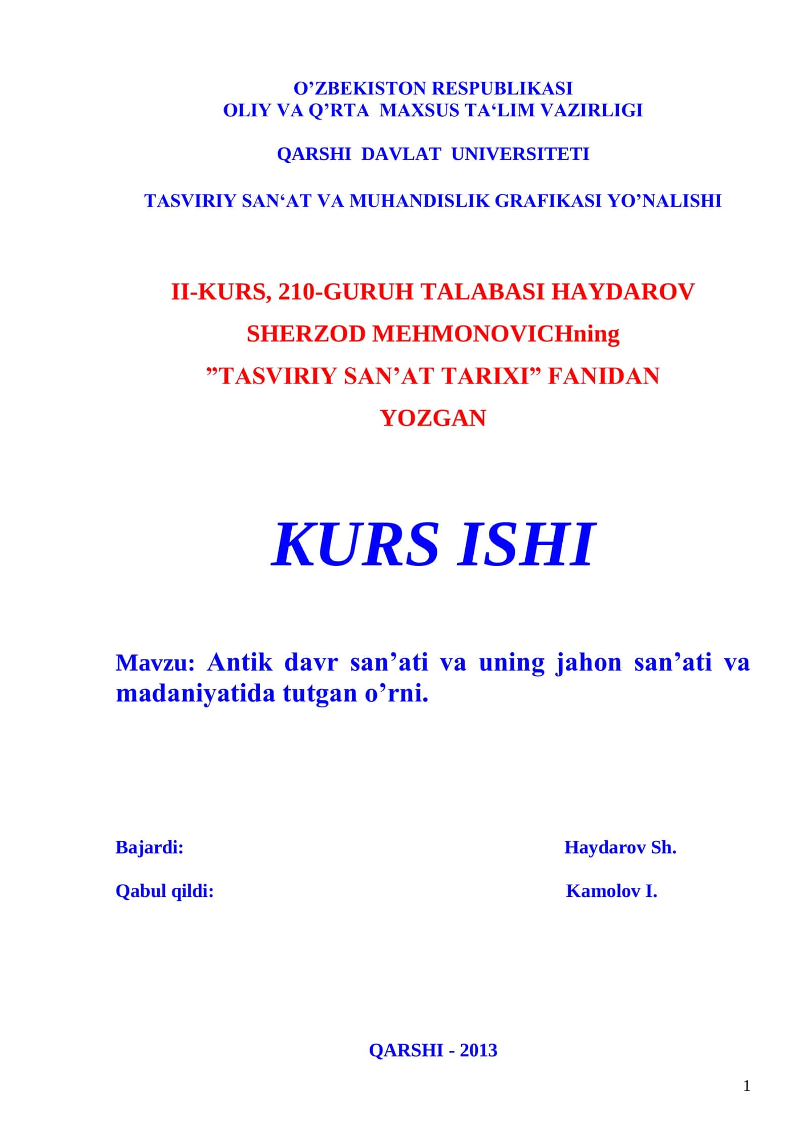 TASVIRIY SAN'AT TARIXI