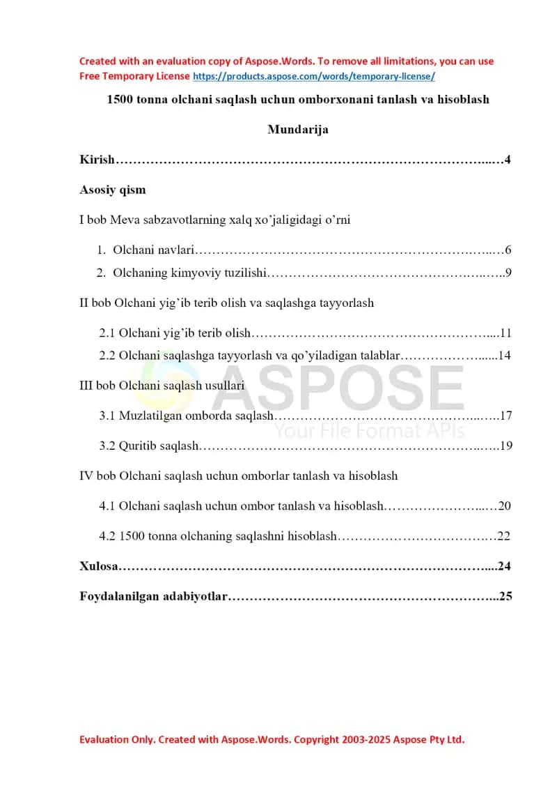 1500 tonna olchani saqlash uchun omborxonani tanlash va hisoblash