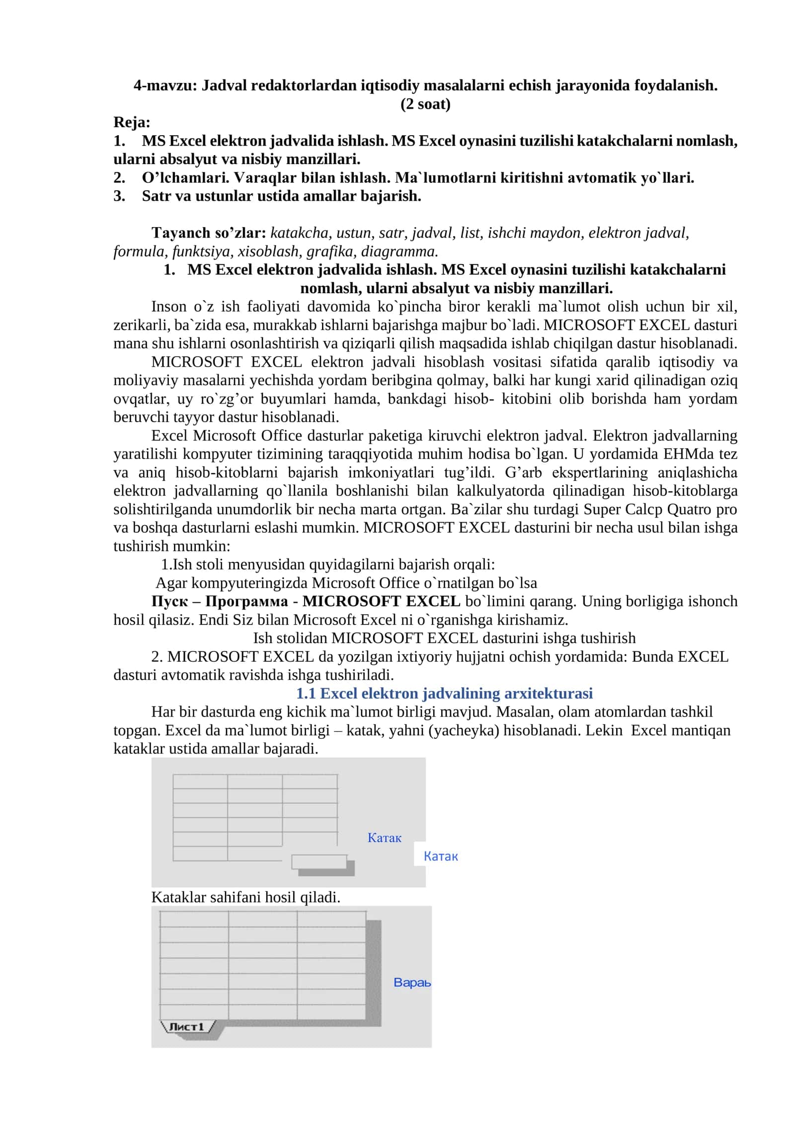 Jadval redaktorlardan iqtisodiy masalalarni echish jarayonida foydalanish