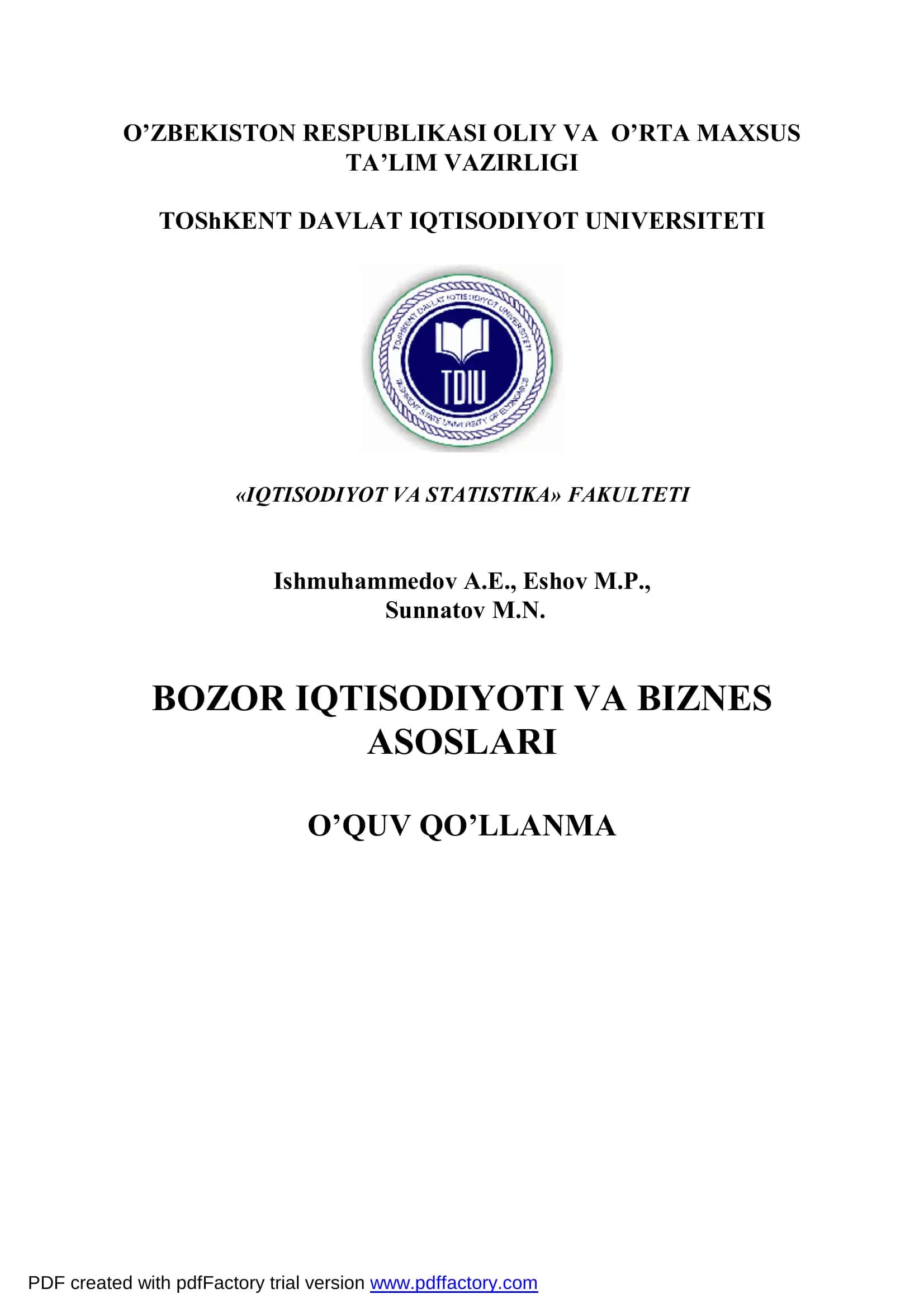Bozor iqtisodiyoti va biznes asoslari