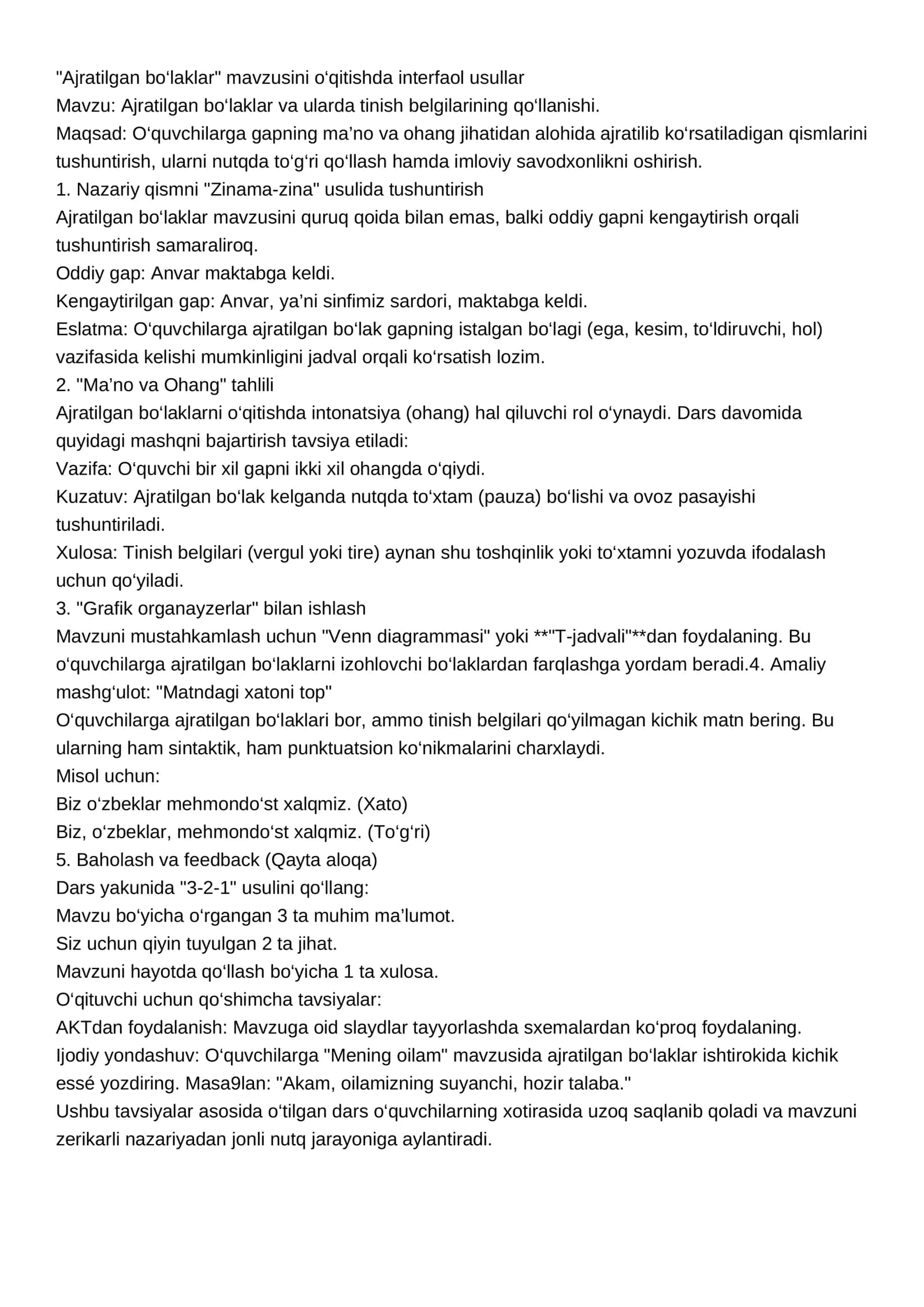 Ajratilgan bo‘laklar va ularda tinish belgilarining qo‘llanishi