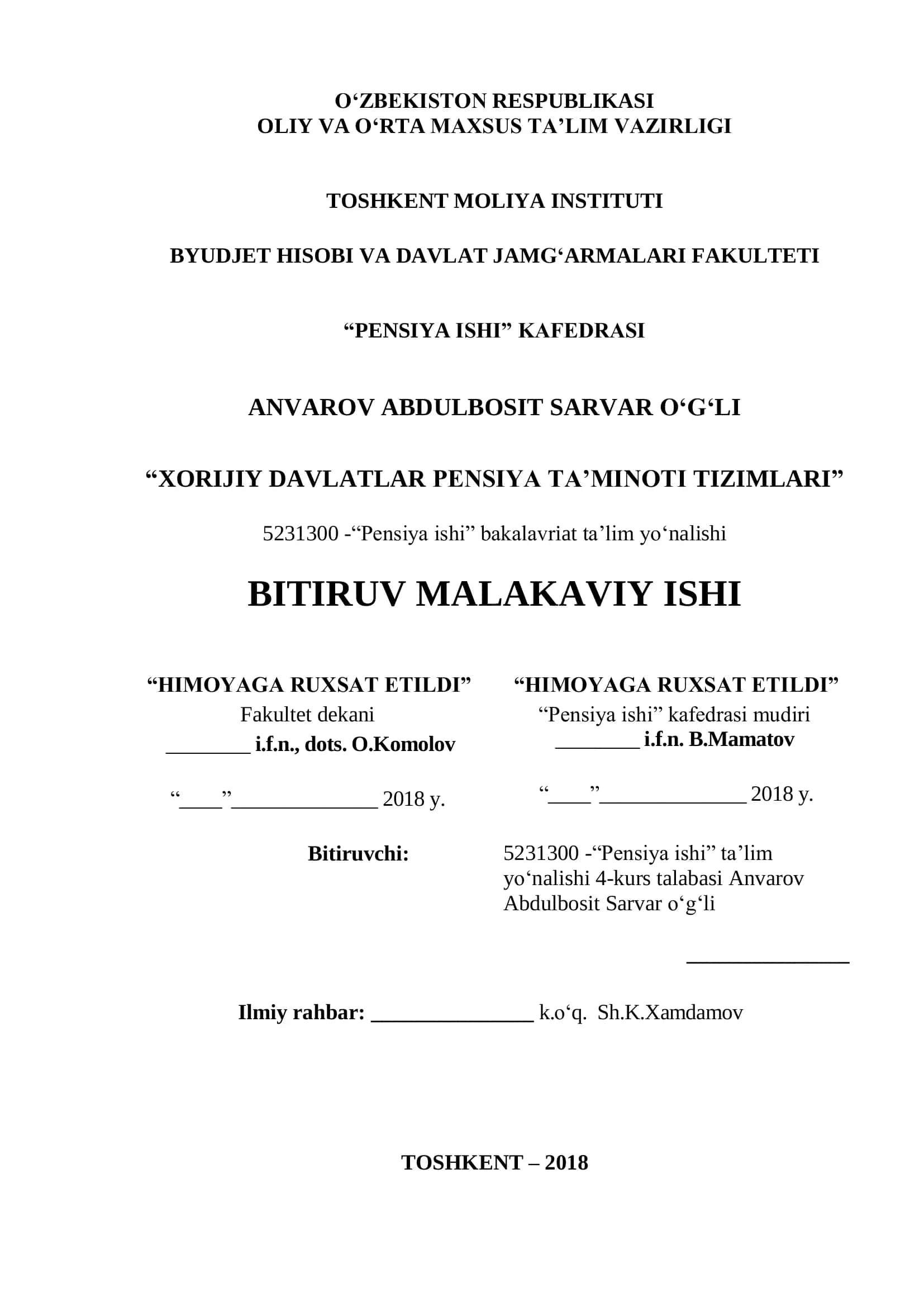XORIJIY DAVLATLAR PENSIYA TA’MINOTI TIZIMLARI