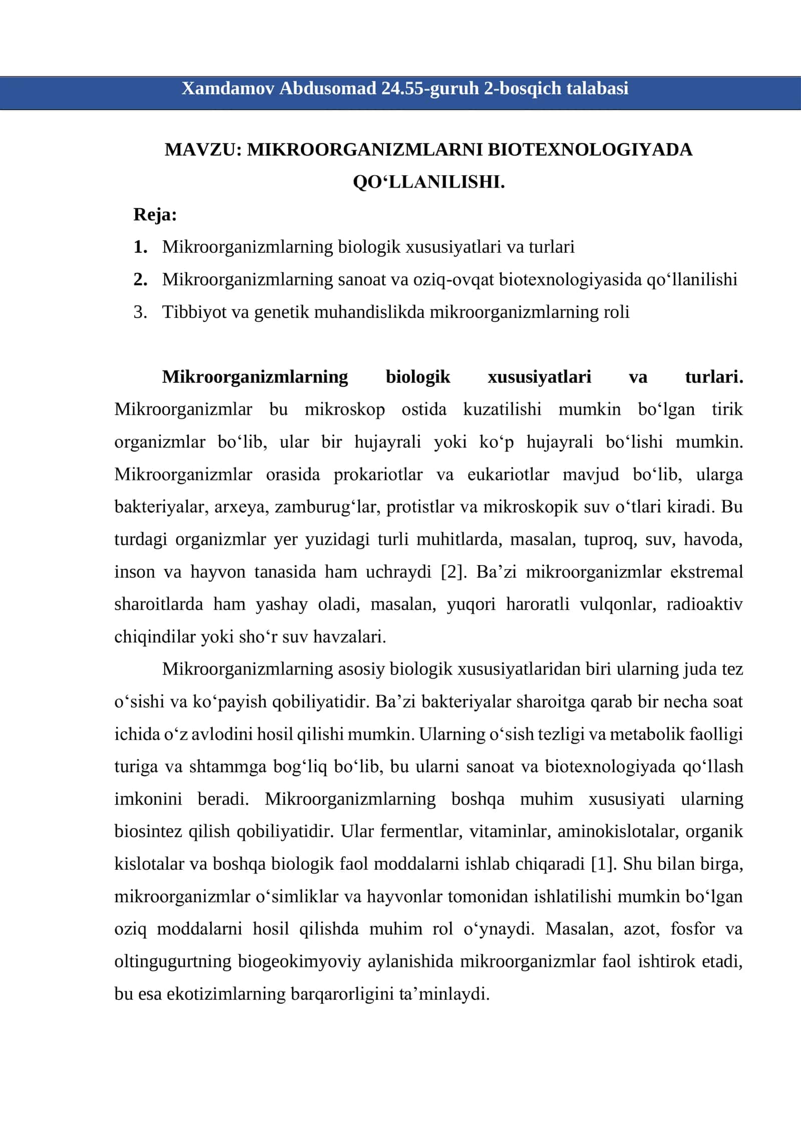 MIKROORGANIZMLARNI BIOTEXNOLOGIYADA QO‘LLANILISHI