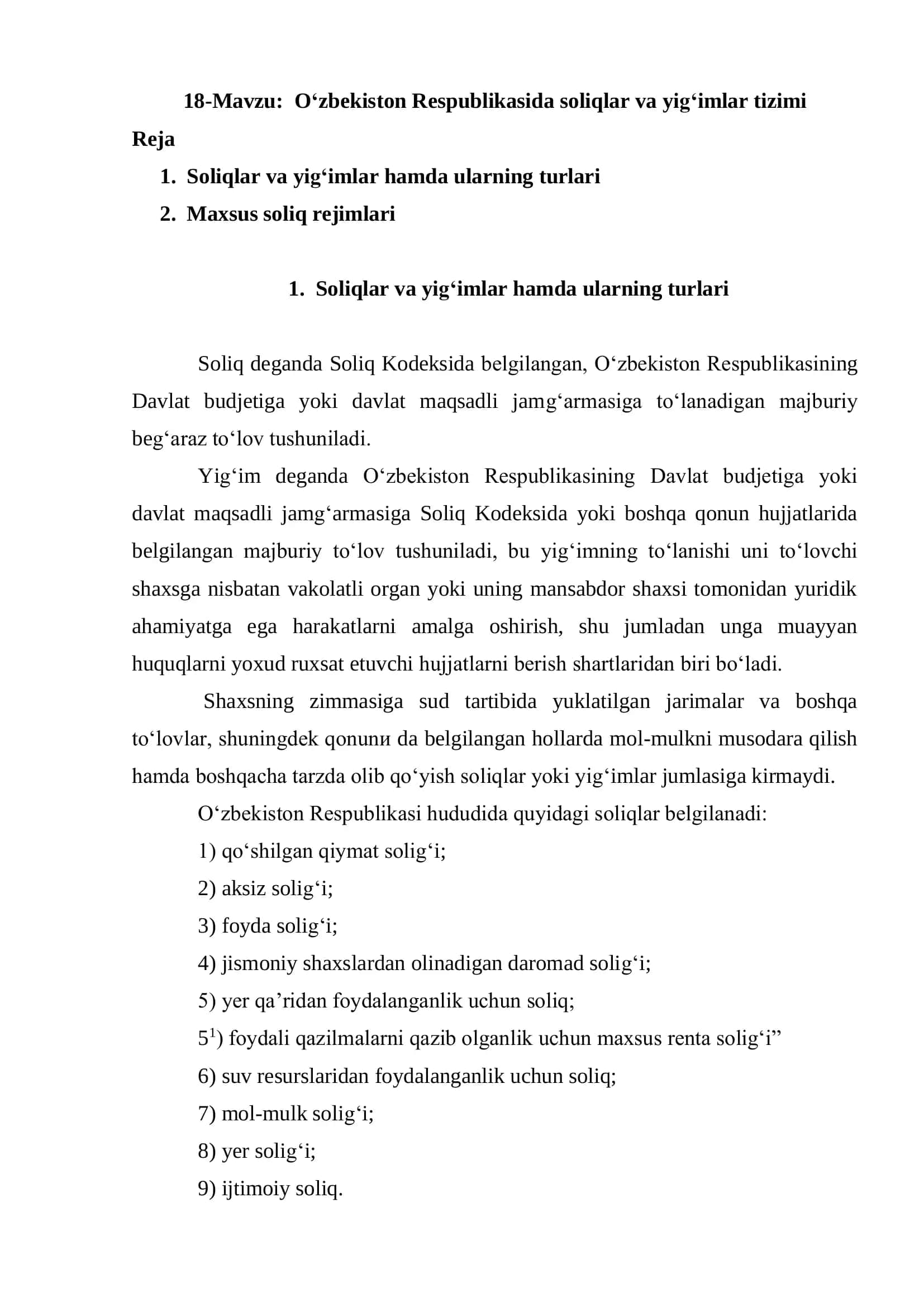O‘zbekiston Respublikasida soliqlar va yig‘imlar tizimi