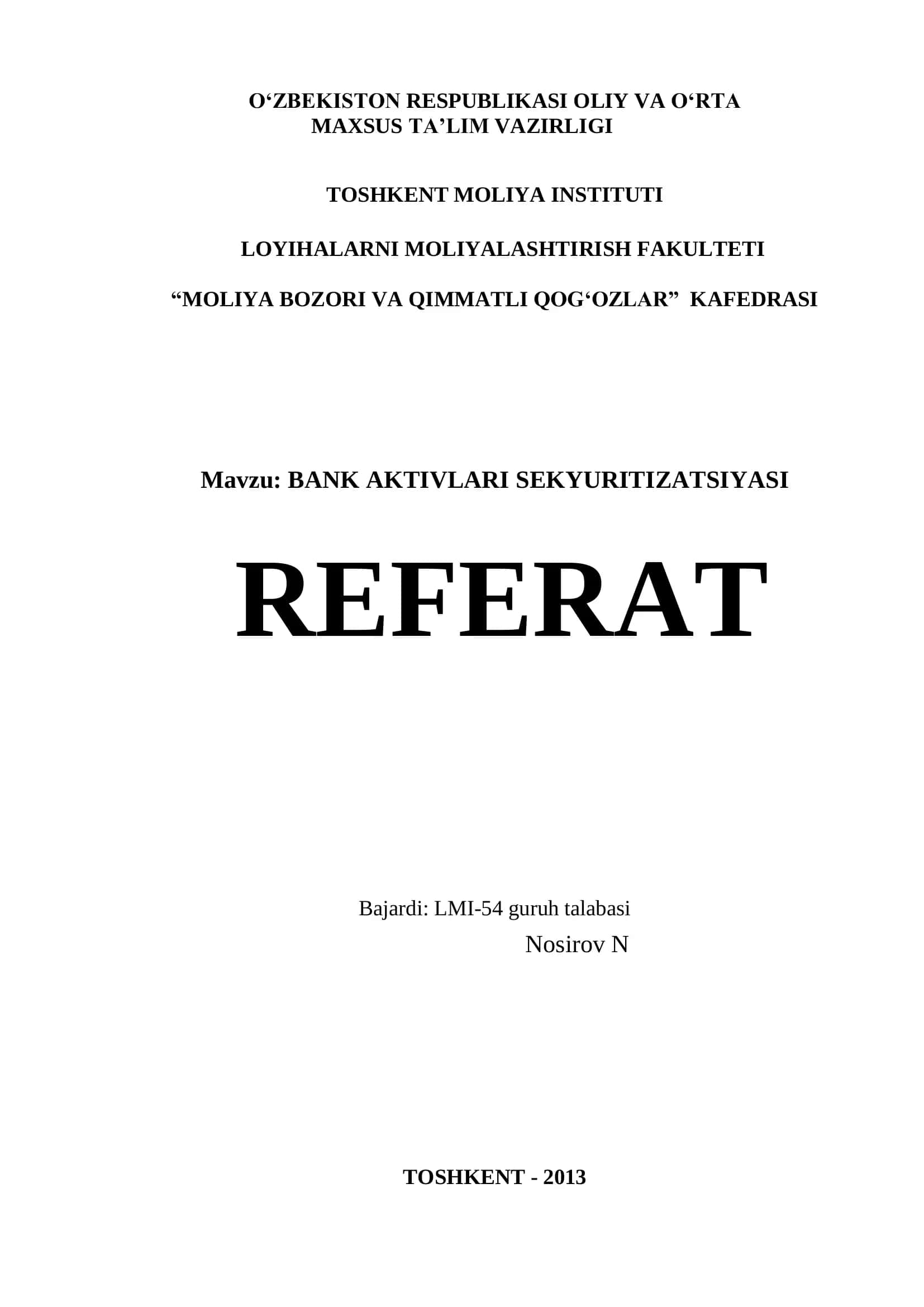 BANK AKTIVLARI SEKYURITIZATSIYASI