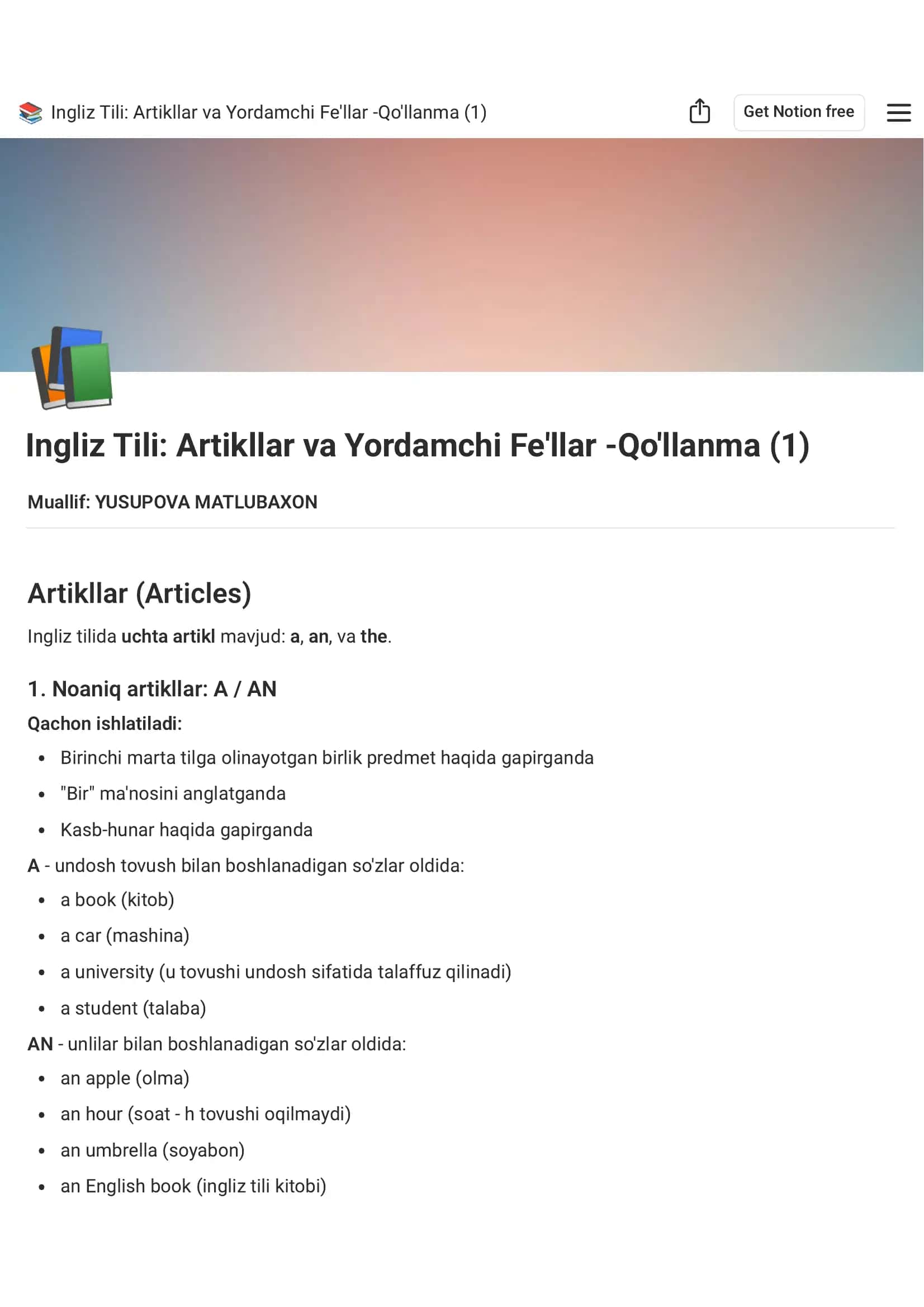 Ingliz Tili: Artikllar va Yordamchi Fe'llar -Qo'llanma (1)