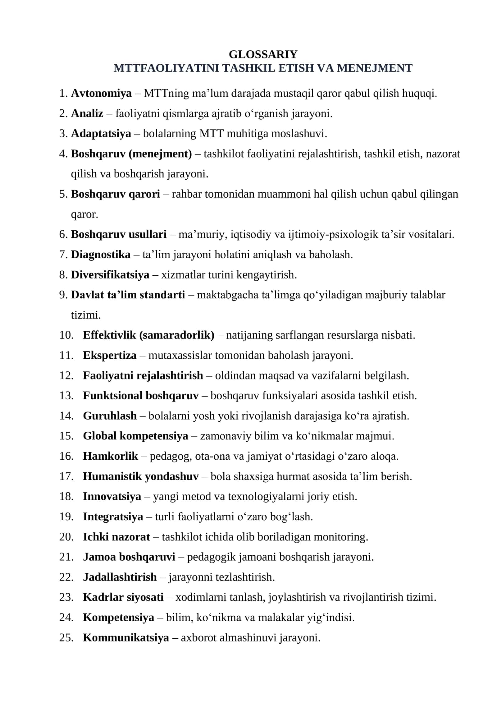 MTTFAOLIYATINI TASHKIL ETISH VA MENEJMENT