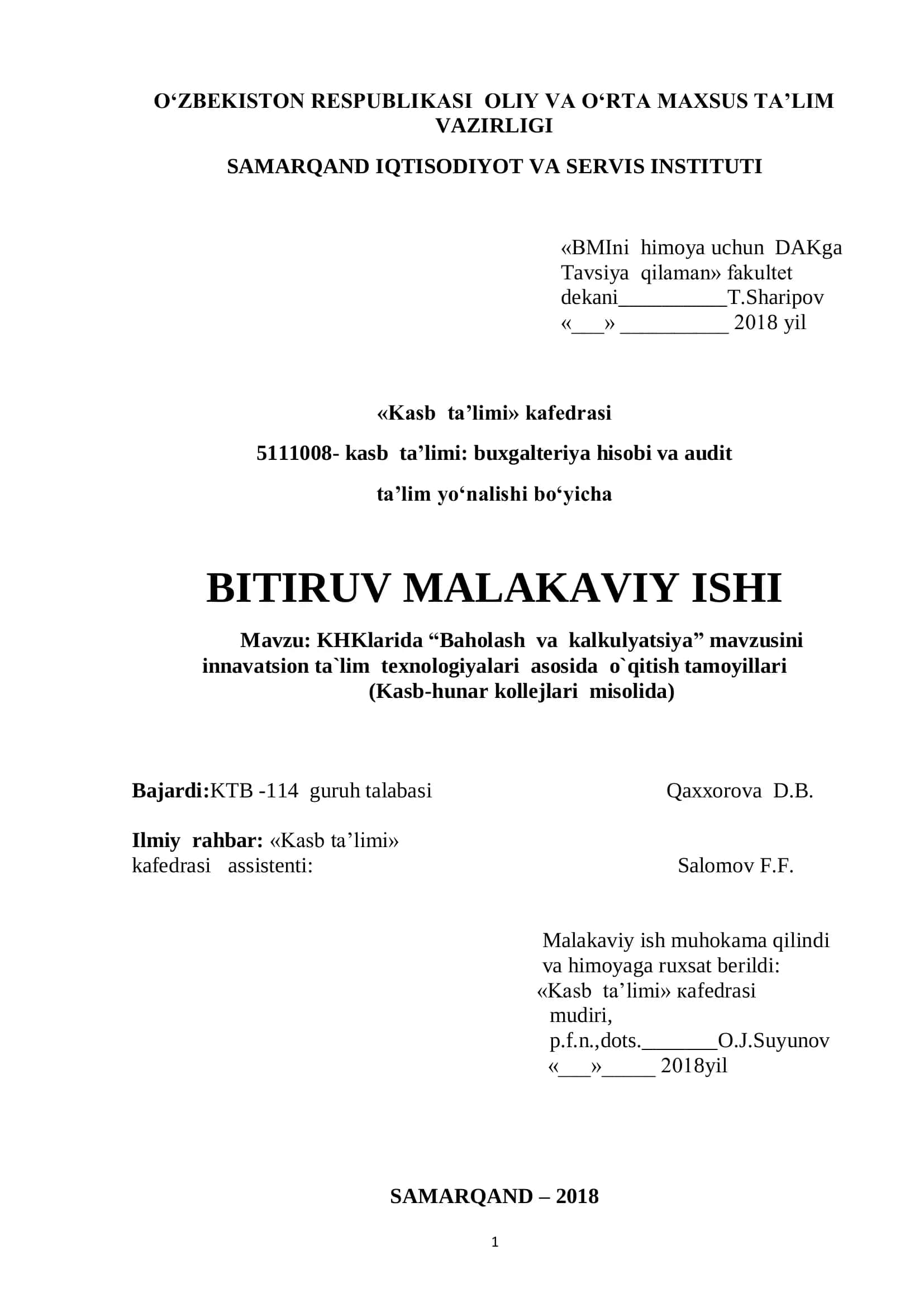 Kasb ta’limi: buxgalteriya hisobi va audit ta’lim yo‘nalishi