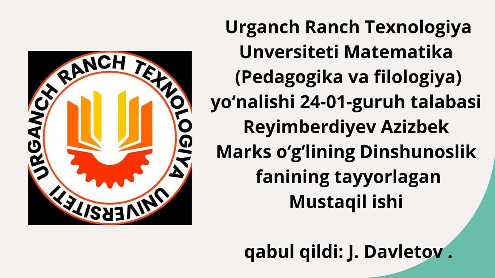 Dinshunoslik fanining tayyorlagan Mustaqil ishi