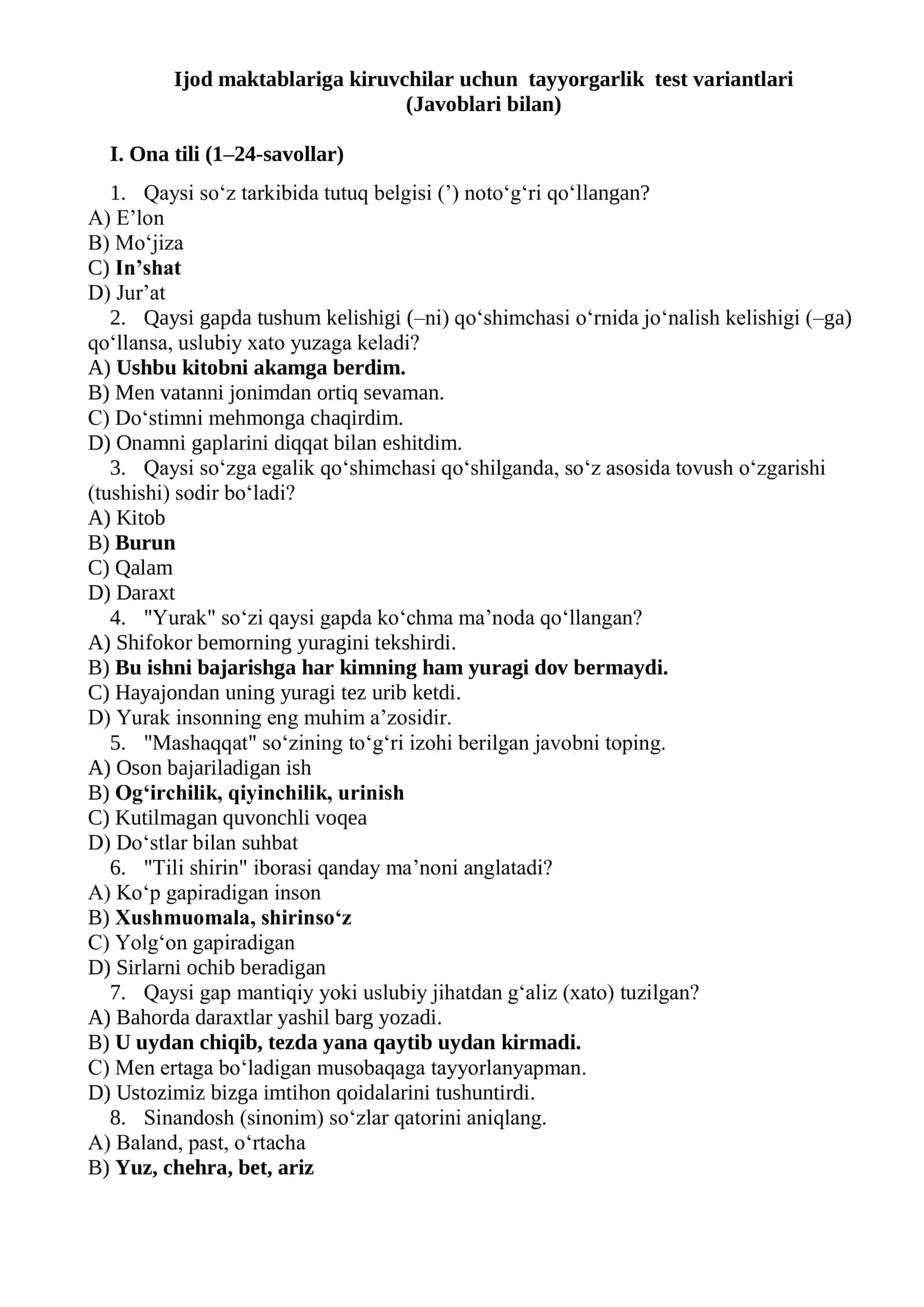 Ijod maktablariga kiruvchilar uchun tayyorgarlik test variantlari (Javoblari bilan)