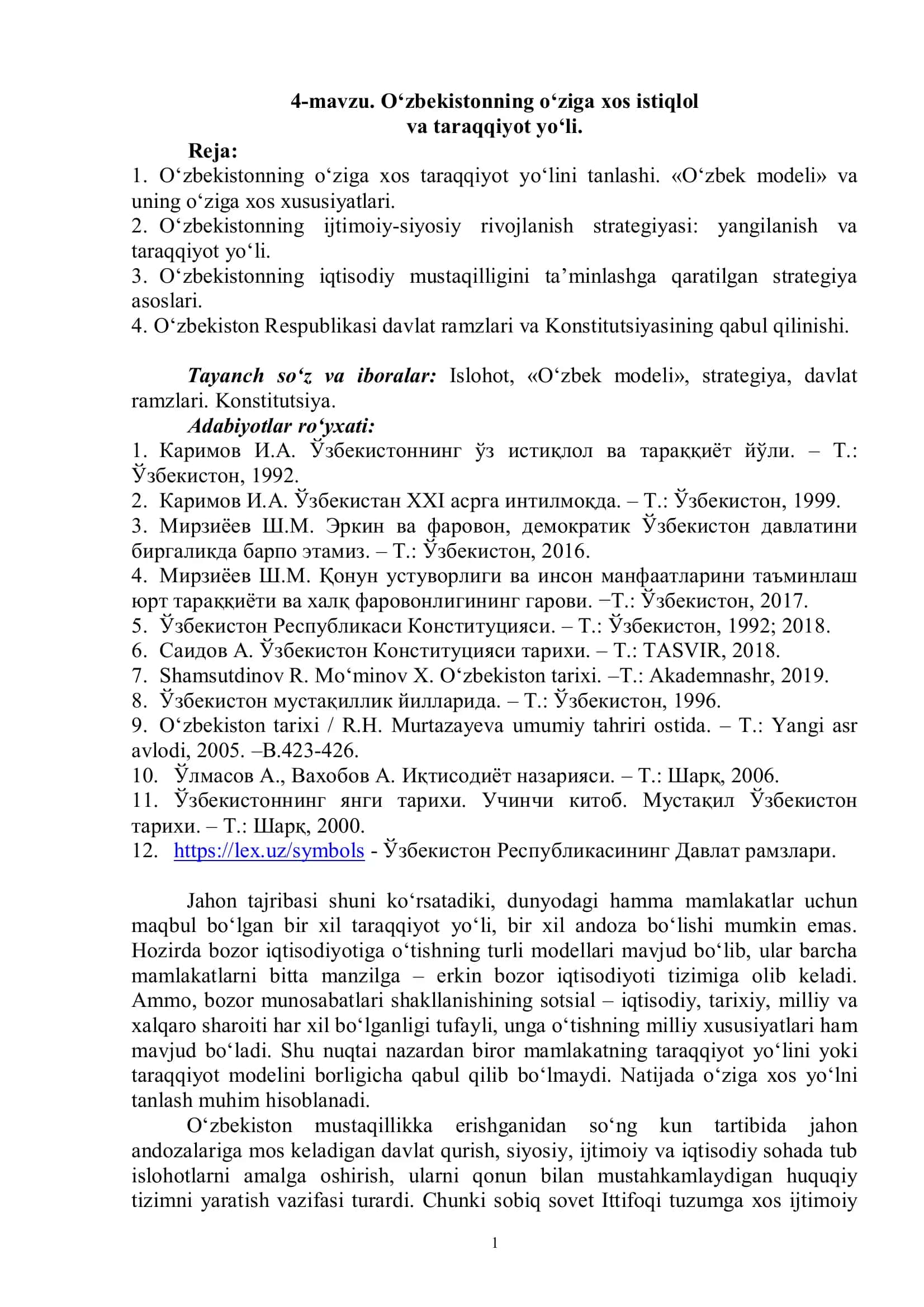 O‘zbekistonning o‘ziga xos istiqlol va taraqqiyot yo‘li