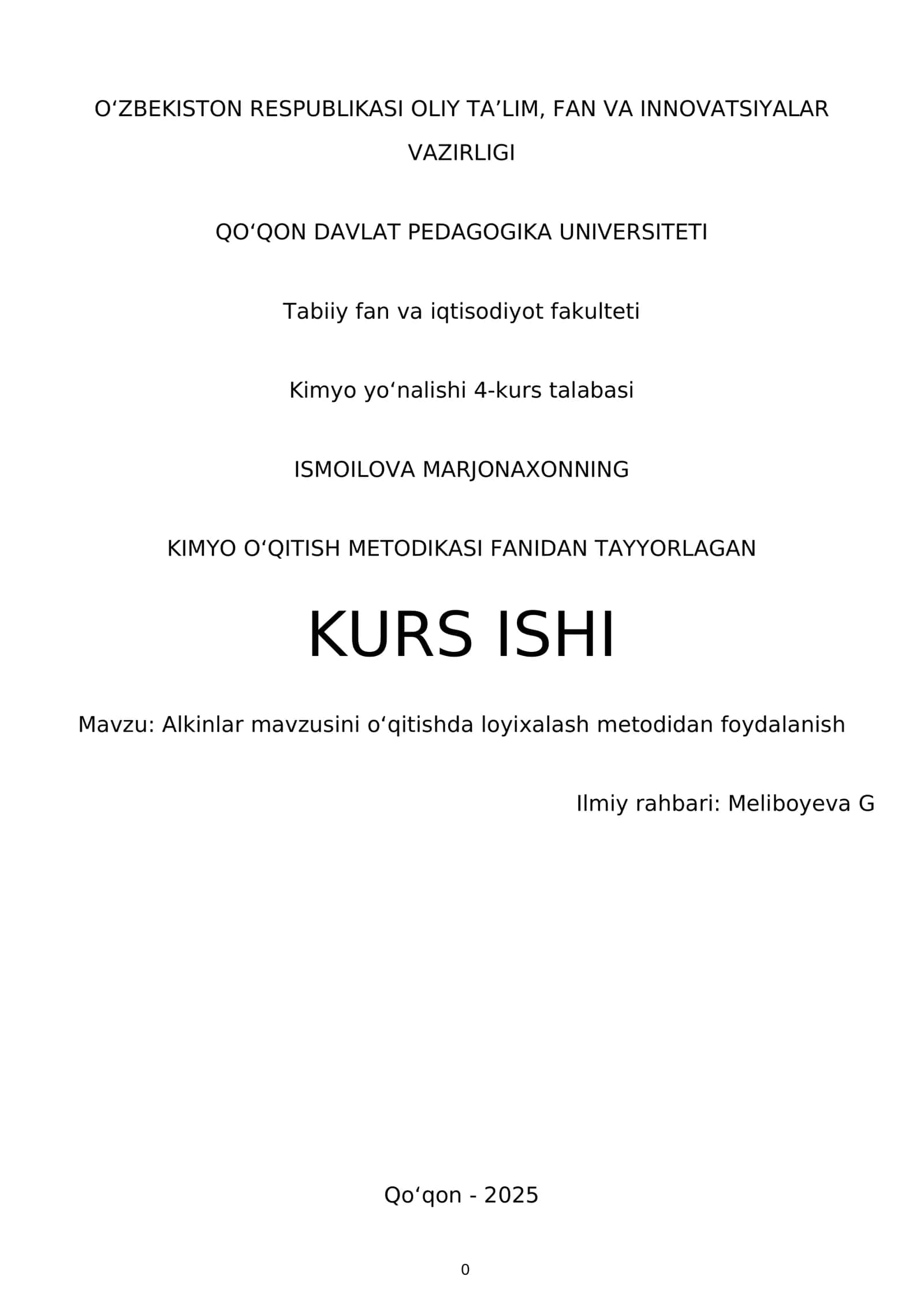 KIMYO OʻQITISH METODIKASI FANIDAN TAYYORLAGAN KURS ISHI