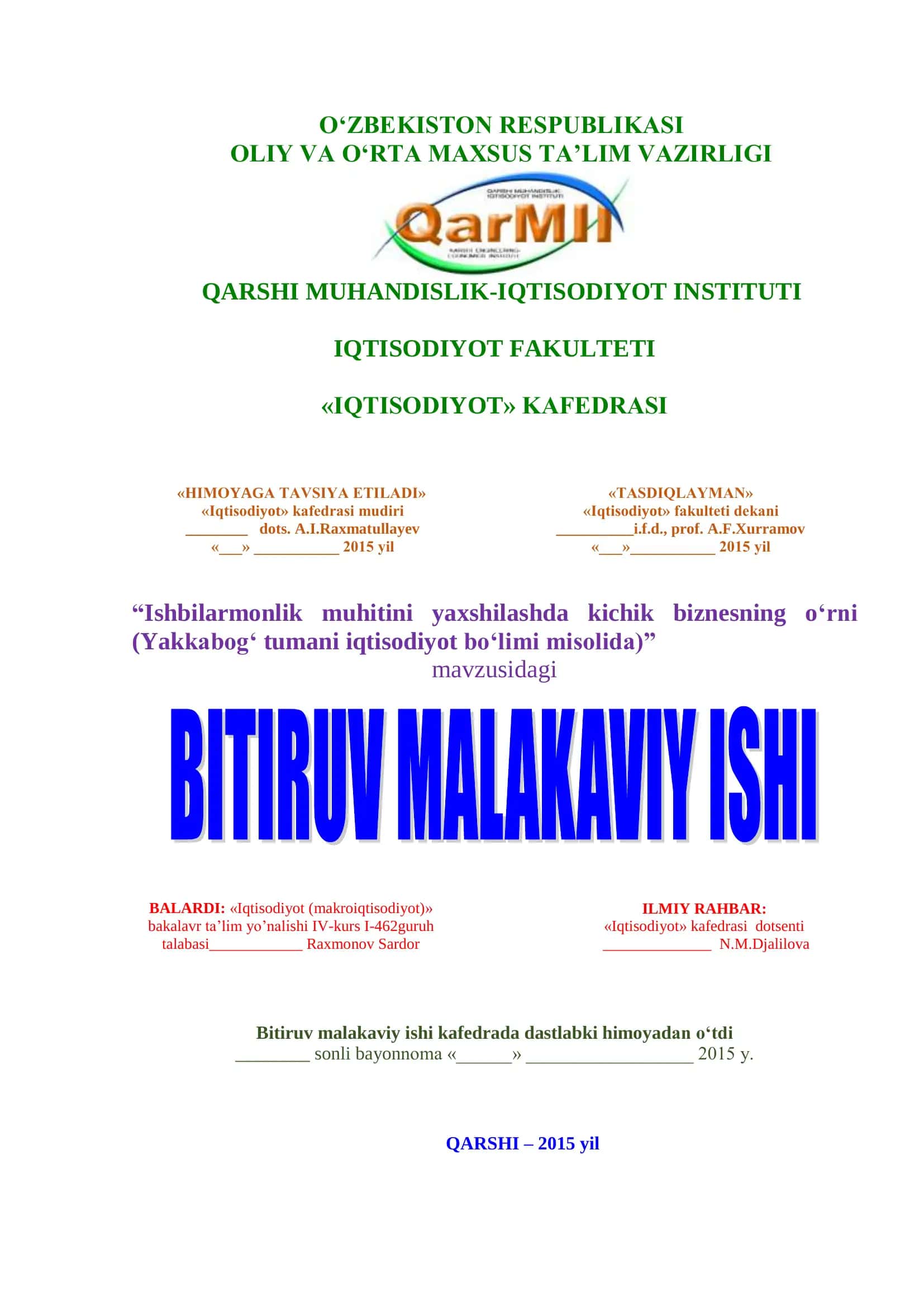 Ishbilarmonlik muhitini yaxshilashda kichik biznesning o‘rni (Yakkabog‘ tumani iqtisodiyot bo‘limi misolida)
