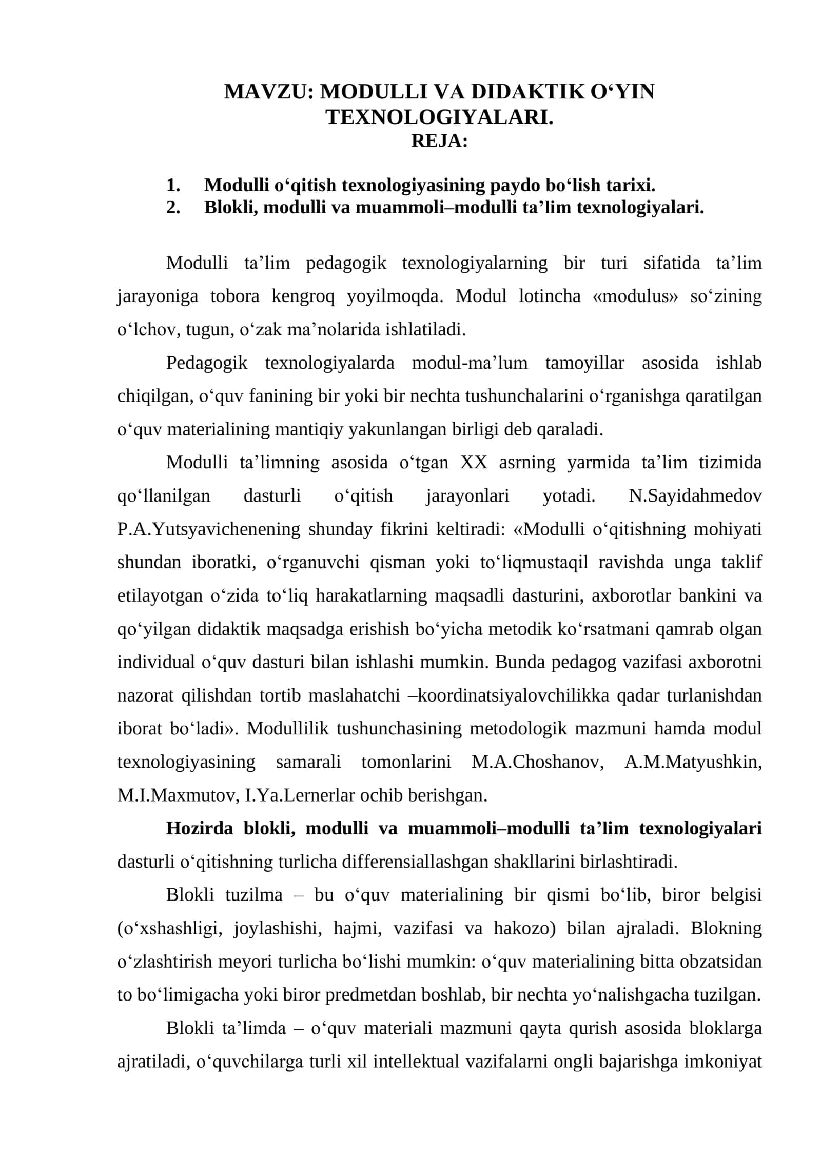 MODULLI VA DIDAKTIK O‘YIN TEXNOLOGIYALARI