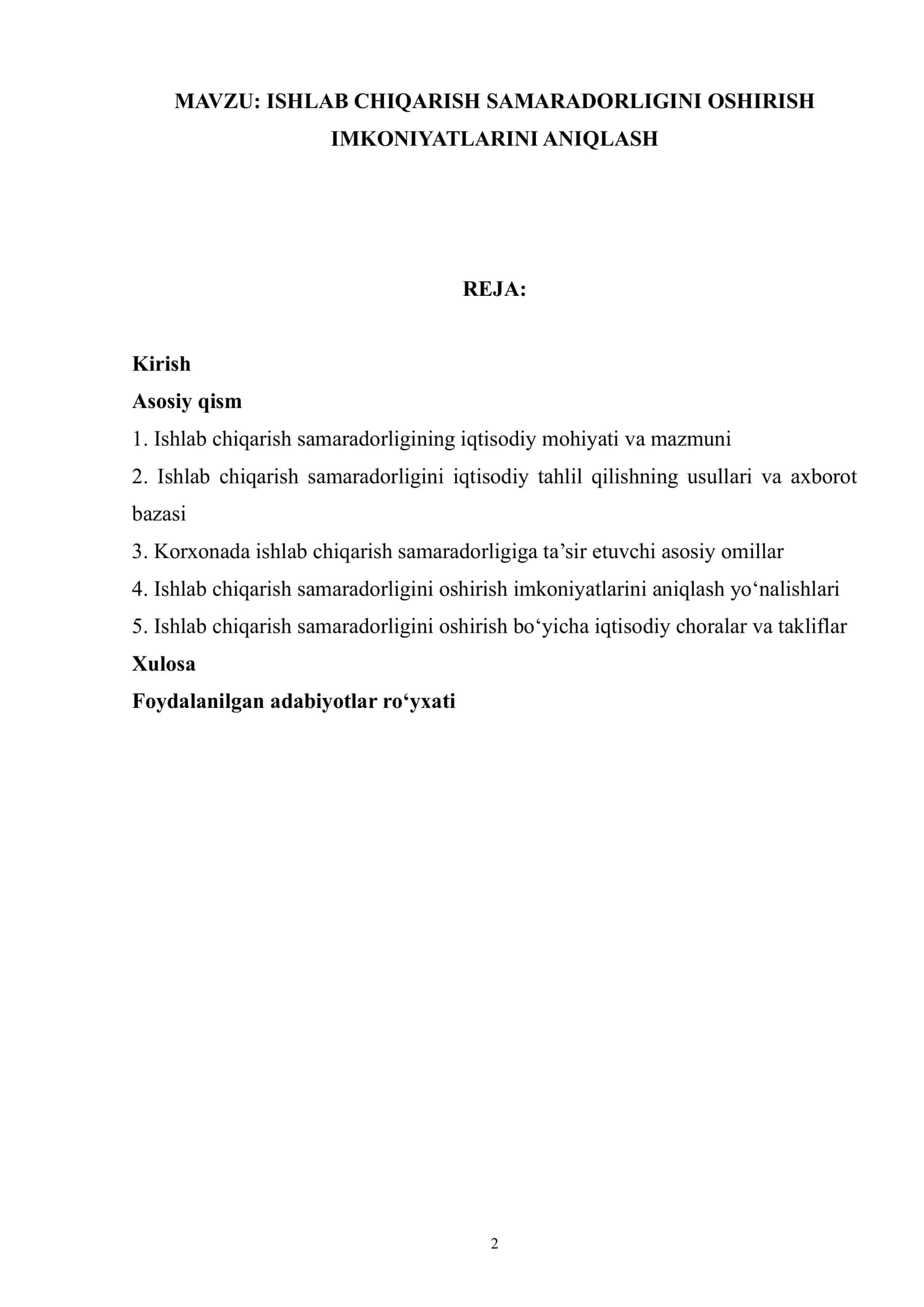 ISHLAB CHIQARISH SAMARADORLIGINI OSHIRISH IMKONIYATLARINI ANIQLASH