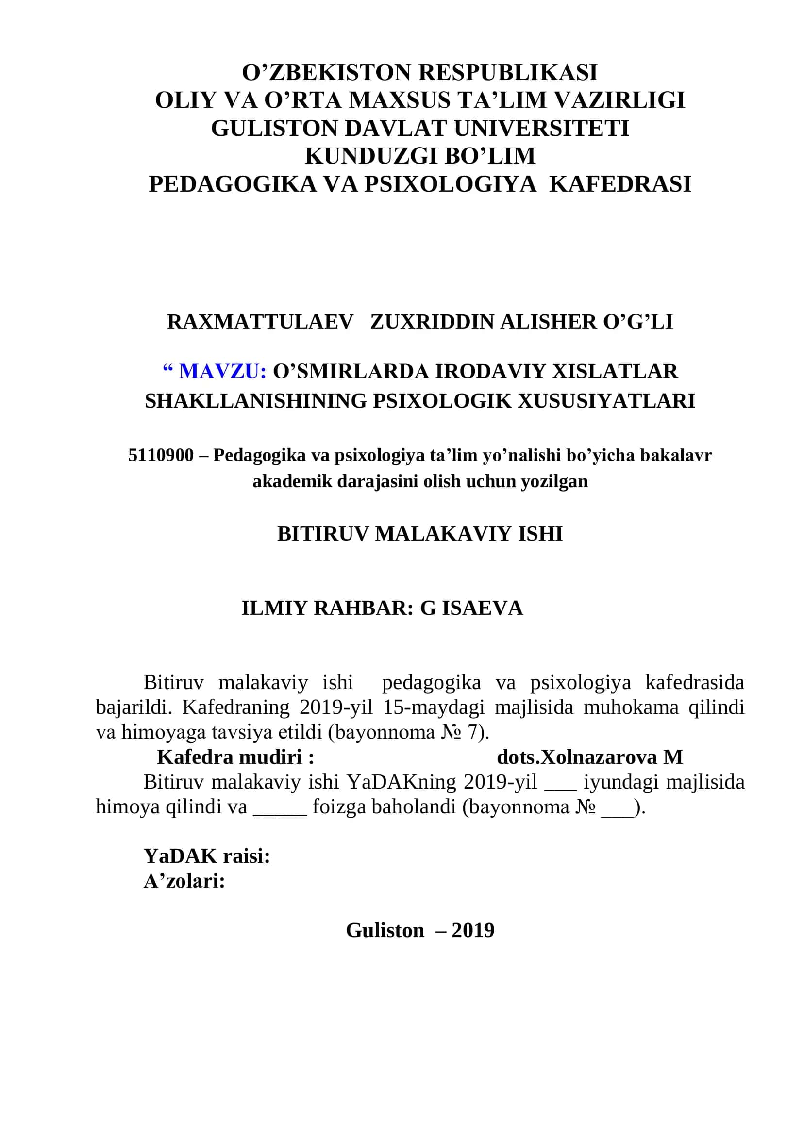 O’SMIRLARDA IRODAVIY XISLATLAR SHAKLLANISHINING PSIXOLOGIK XUSUSIYATLARI