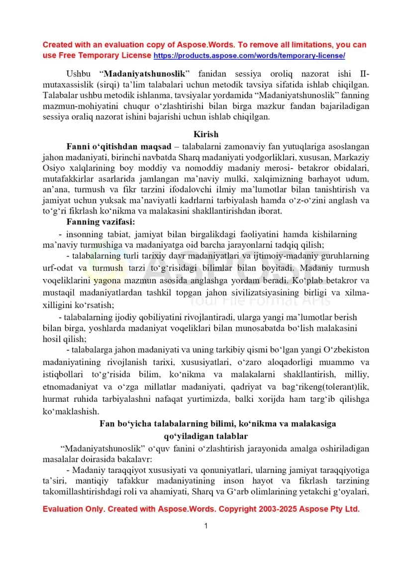 Madaniyatshunoslik fanidan sessiya oraliq nazorat ishi uchun metodik tavsiya