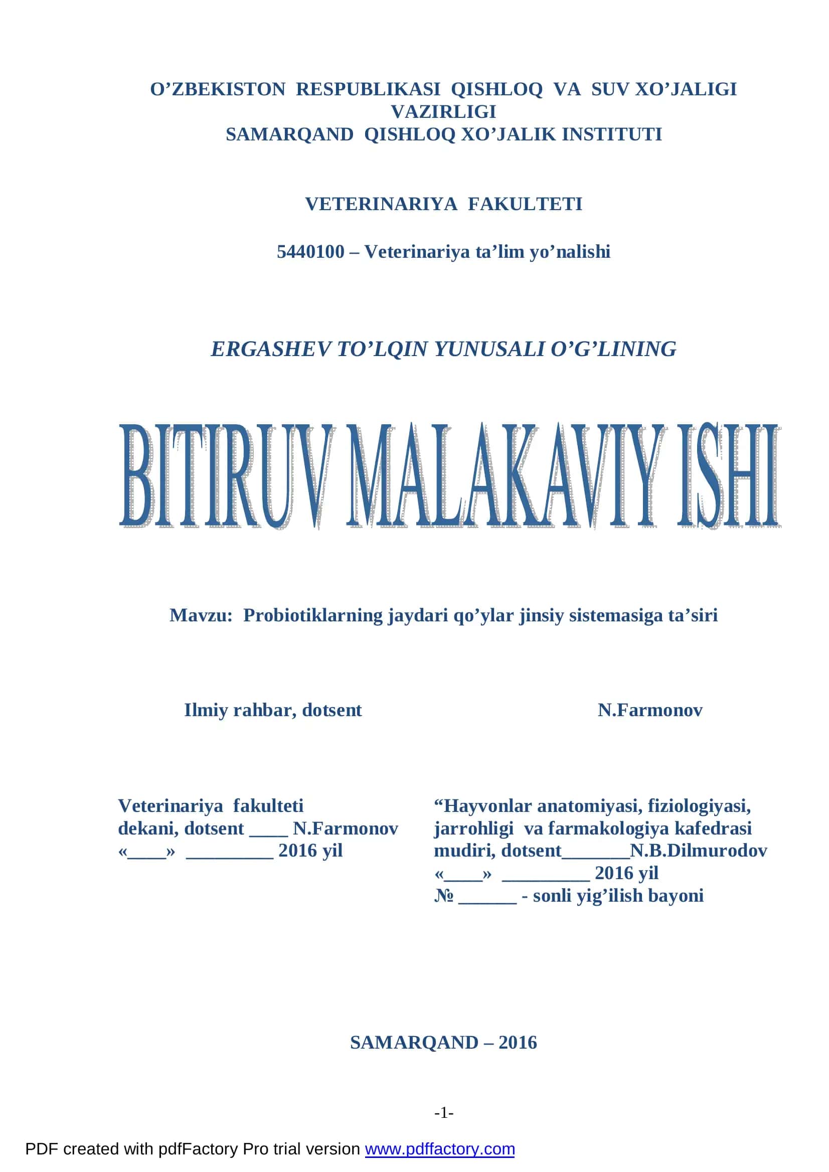 Probiotiklarning jaydari qo’ylar jinsiy sistemasiga ta’siri