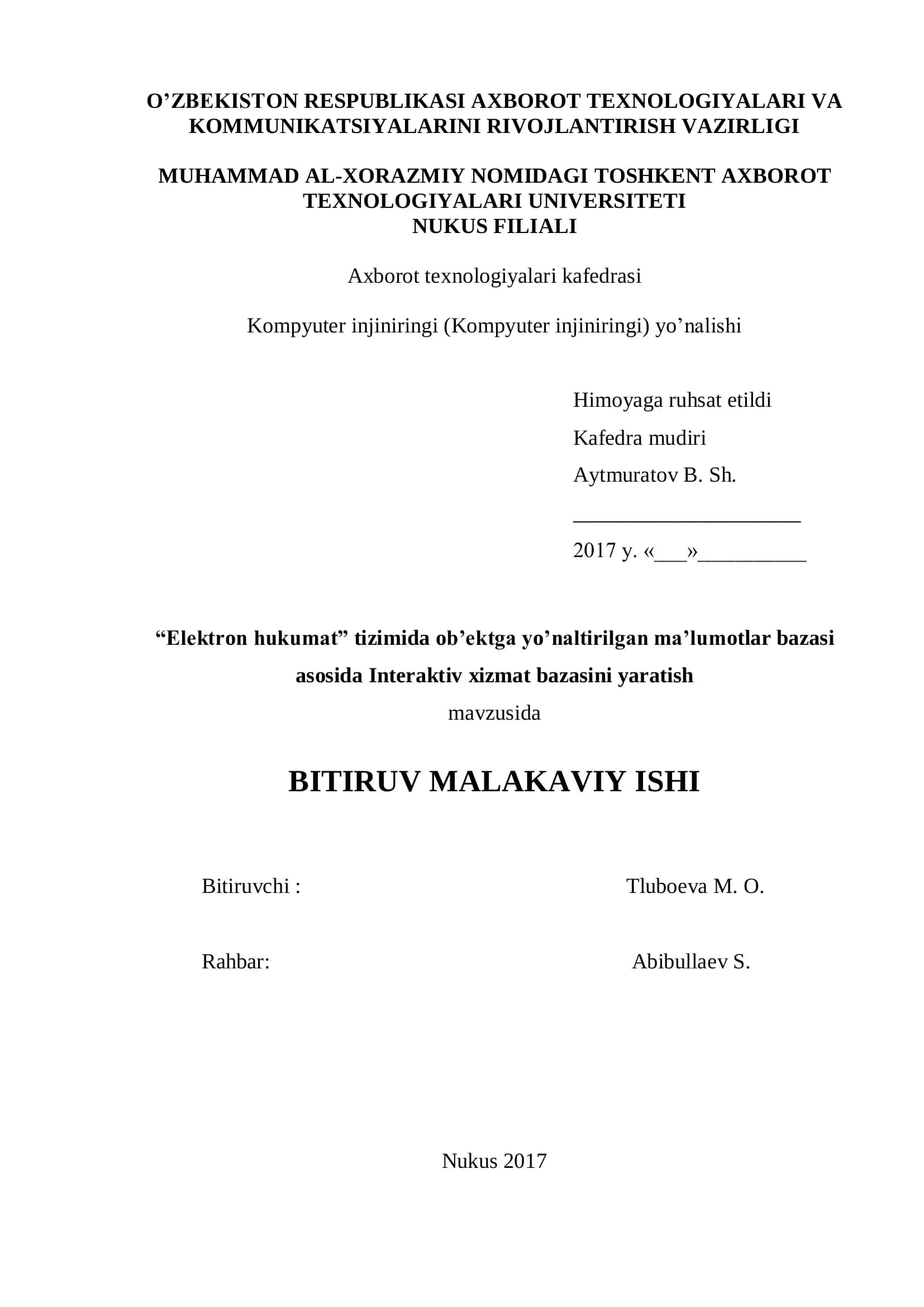 Interaktiv xizmat bazasini yaratish