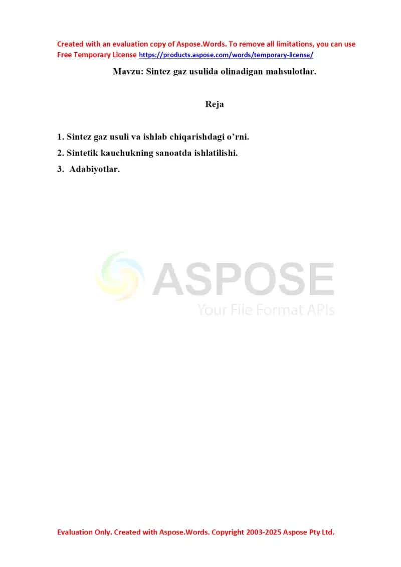 4. Sintez gaz usulida olinadigan mahsulotlar. Referat 5 bet.