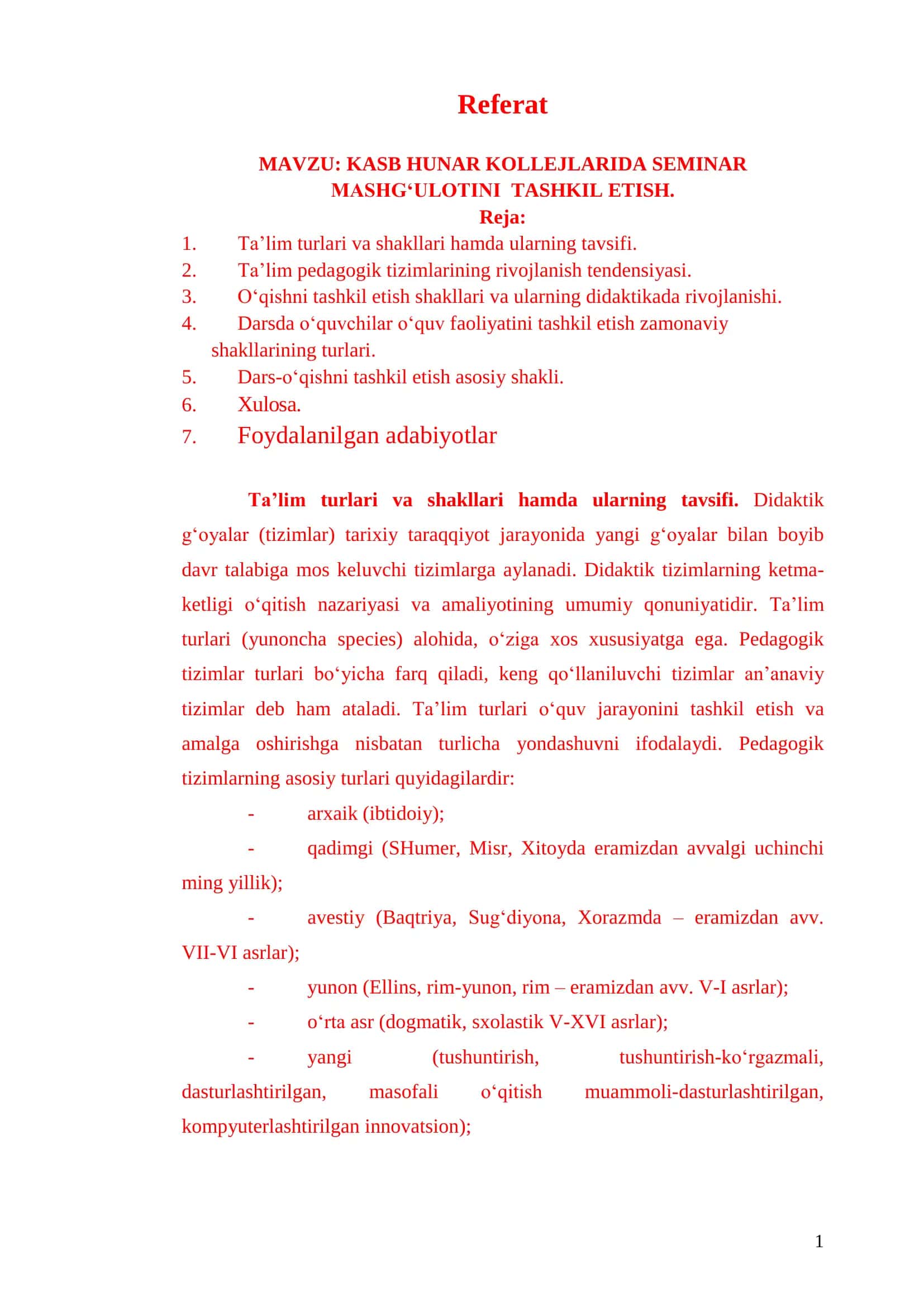 KASB HUNAR KOLLEJLARIDA SEMINAR MASHG‘ULOTINI TASHKIL ETISH