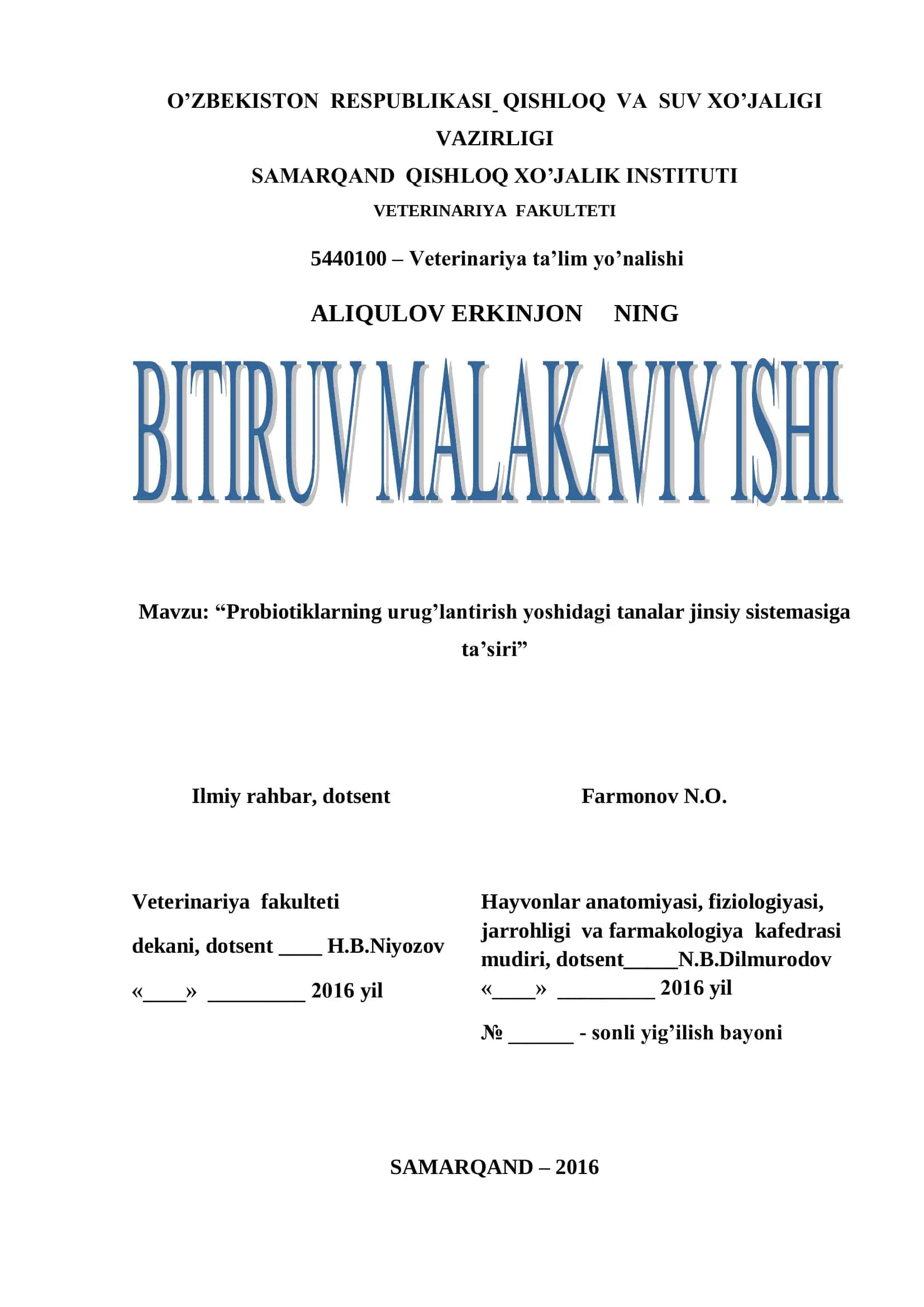 "Probiotiklarning urug’lantirish yoshidagi tanalar jinsiy sistemasiga ta’siri"
