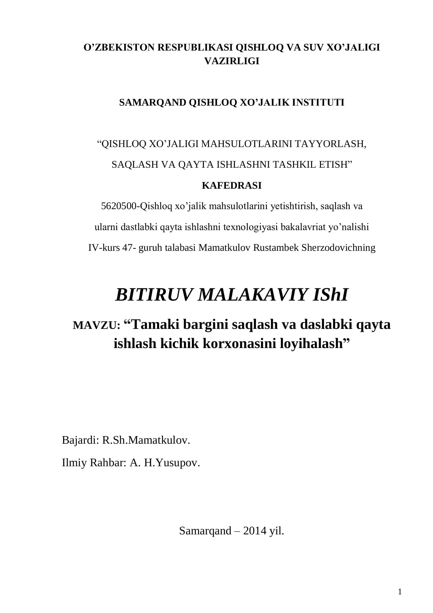 Tamaki bargini saqlash va daslabki qayta ishlash kichik korxonasini loyihalash