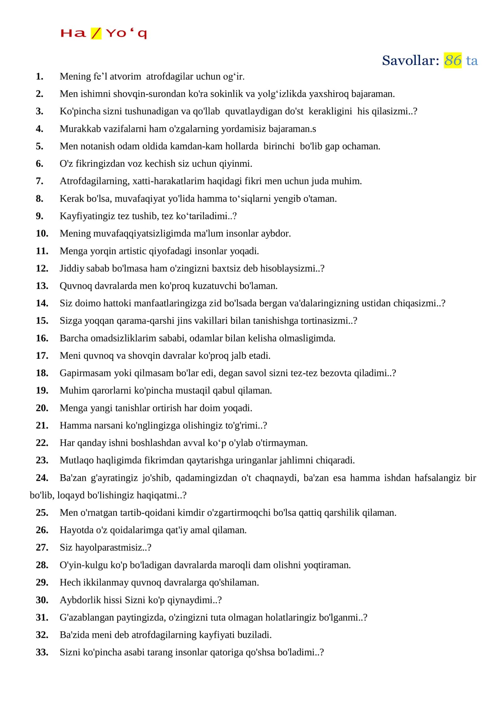Ichki ishlar litseyiga topshirganlar uchun psixologiya savollari
