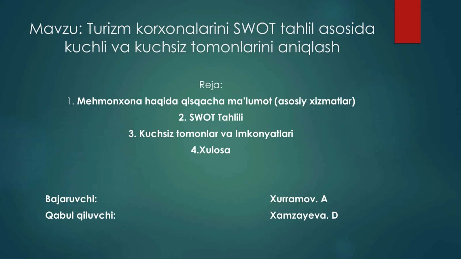Turizm korxonalarini SWOT tahlil asosida