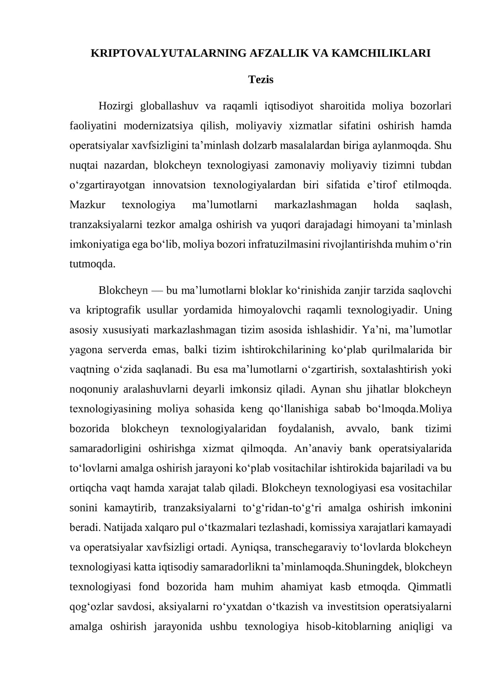 KRIPTOVALYUTALARNING AFZALLIK VA KAMCHILIKLARI