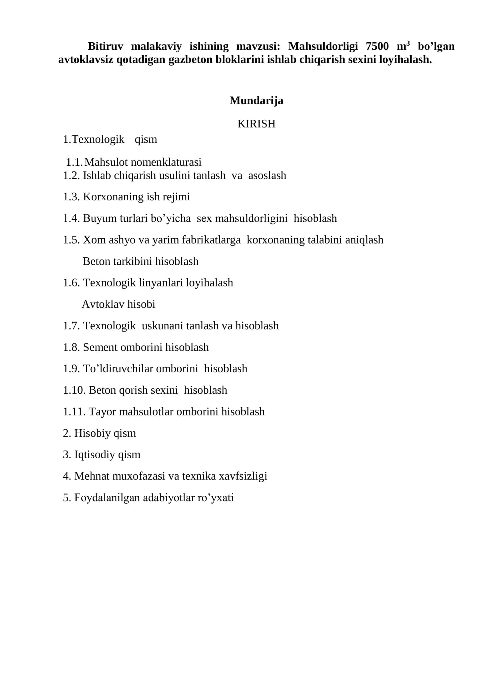 Avtoklavsiz qotadigan gazbeton bloklarini ishlab chiqarish sexini loyihalash