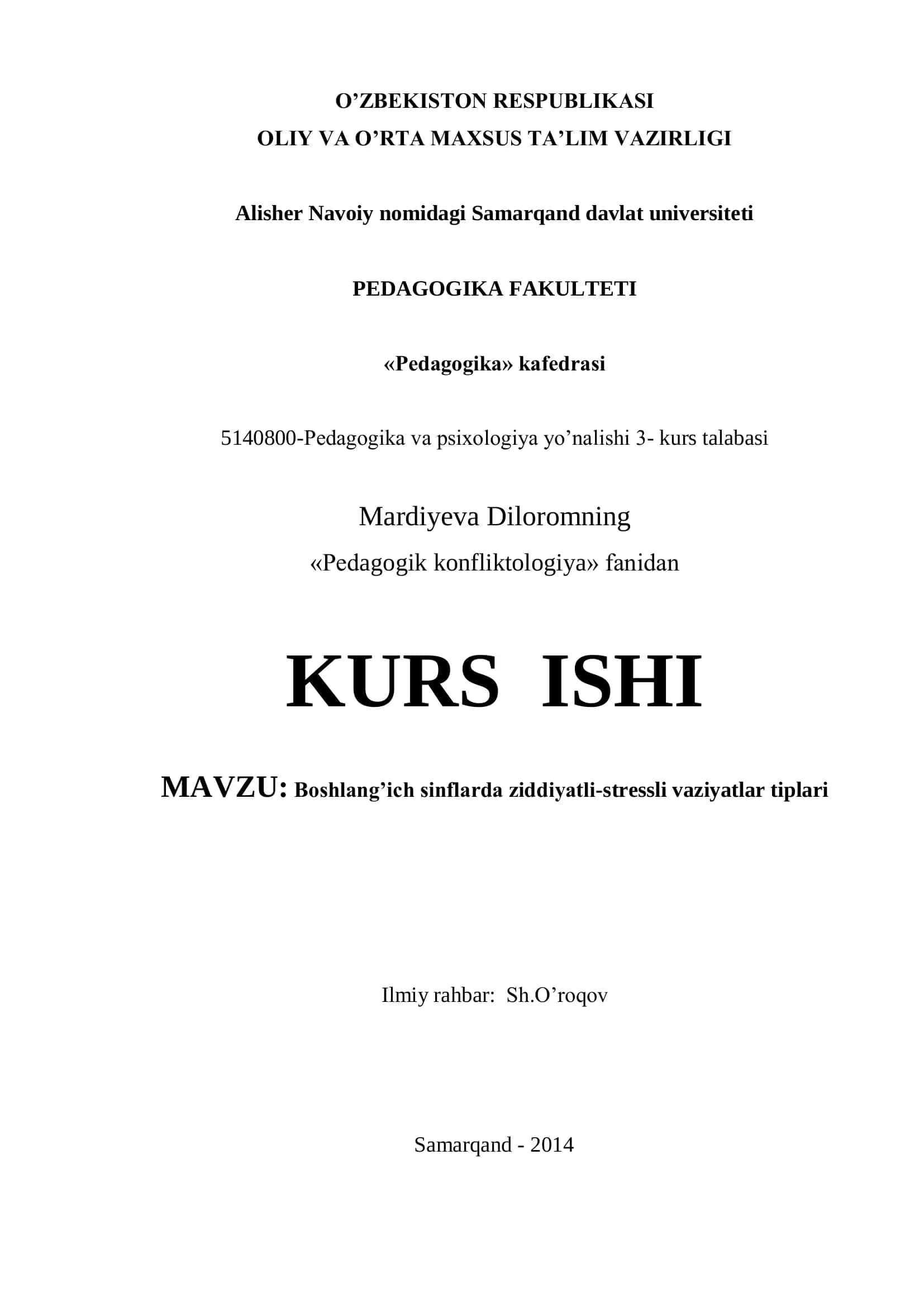 Boshlang’ich sinflarda ziddiyatli-stressli vaziyatlar tiplari