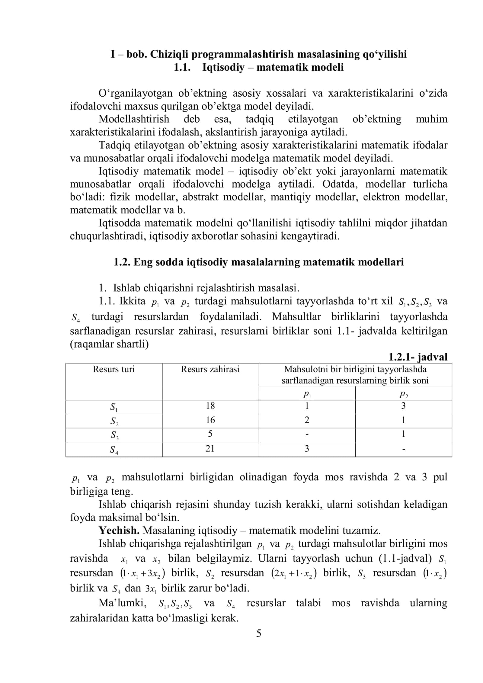 I – bob. Chiziqli programmalashtirish masalasining qo‘yilishi