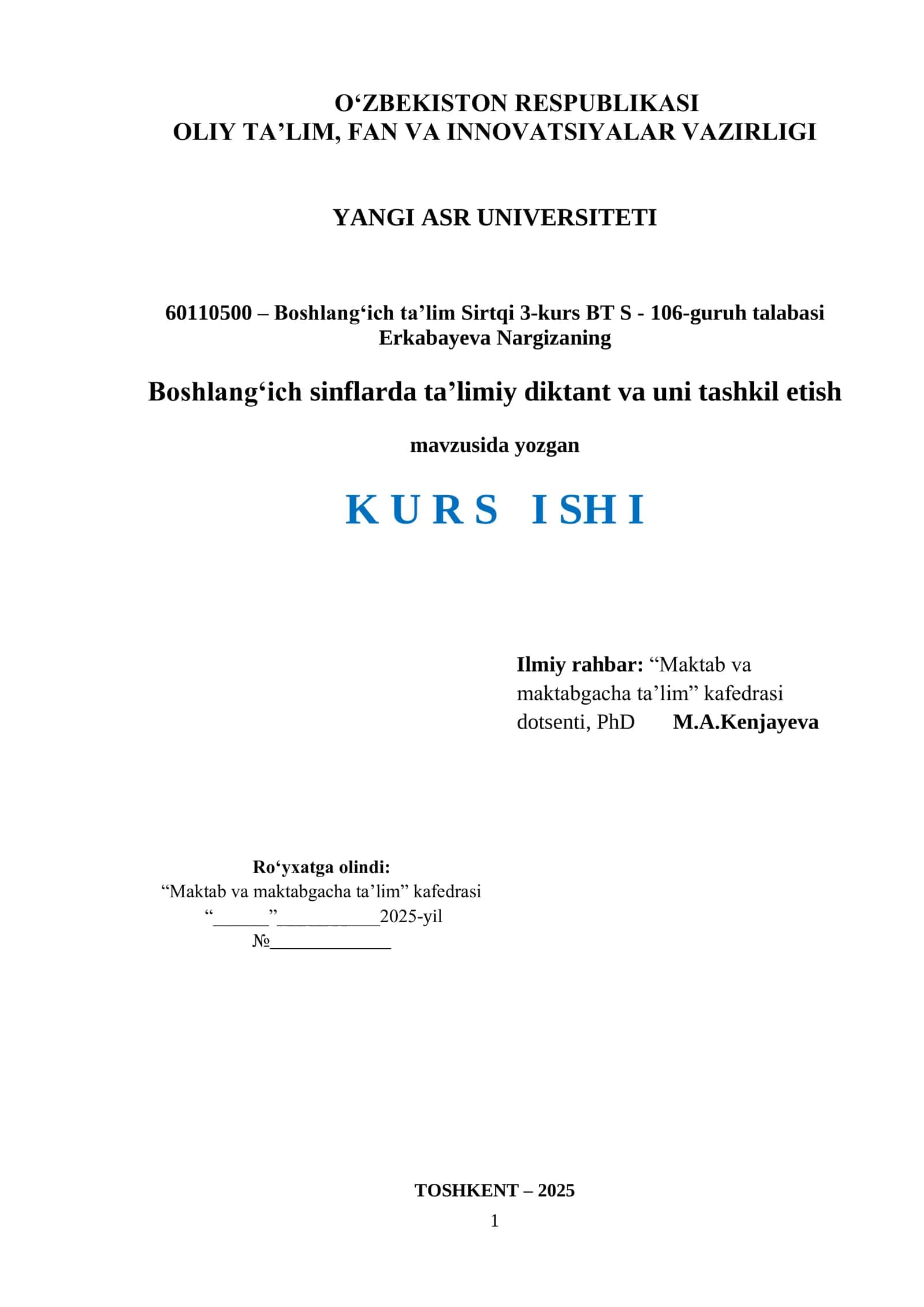 Boshlang‘ich sinflarda ta’limiy diktant va uni tashkil etish