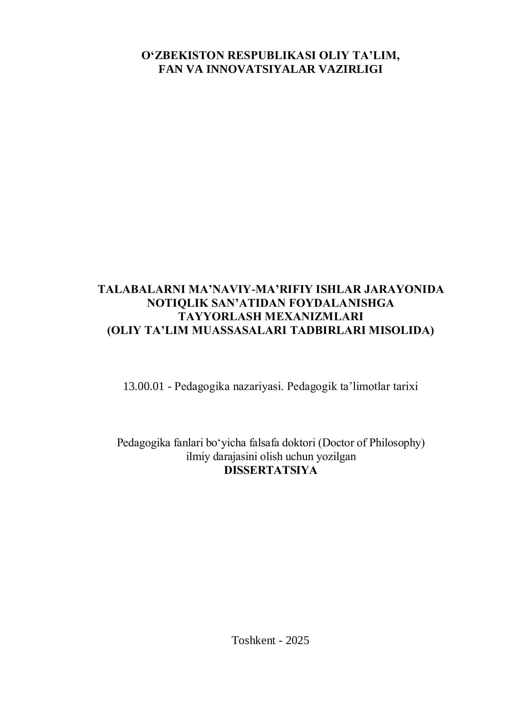 TАLАBАLАRNI MА’NАVIY-MА’RIFIY ISHLАR JАRАYONIDА NОTIQLIK SАN’АTIDАN FОYDАLАNISHGА TAYYORLАSH MEXАNIZMLАRI (OLIY TА’LIM MUАSSАSАLАRI TАDBIRLАRI MISOLIDА)