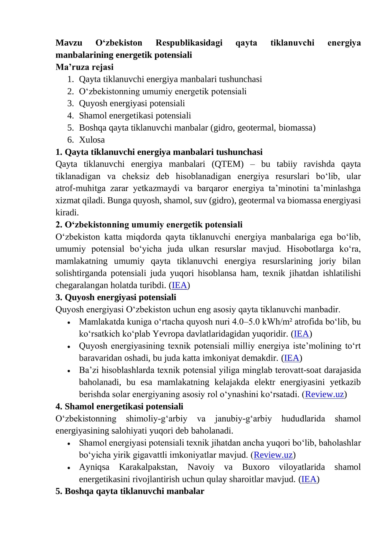 Qayta tiklanuvchi energiya manbalarining energetik potensiali