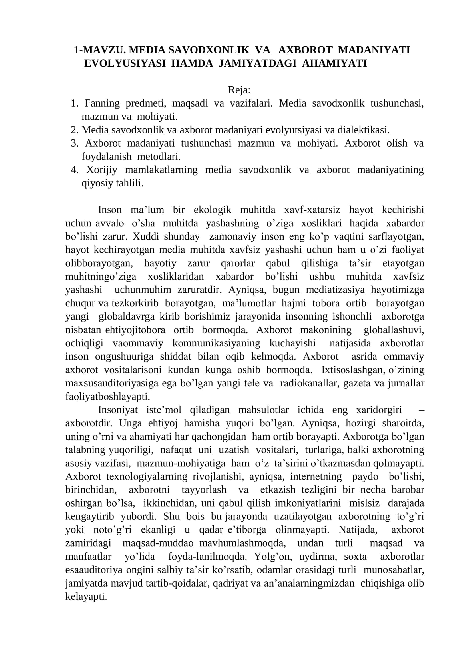 MEDIA SAVODXONLIK VA AXBOROT MADANIYATI EVOLYUSIYASI HAMDA JAMIYATDAGI AHAMIYATI