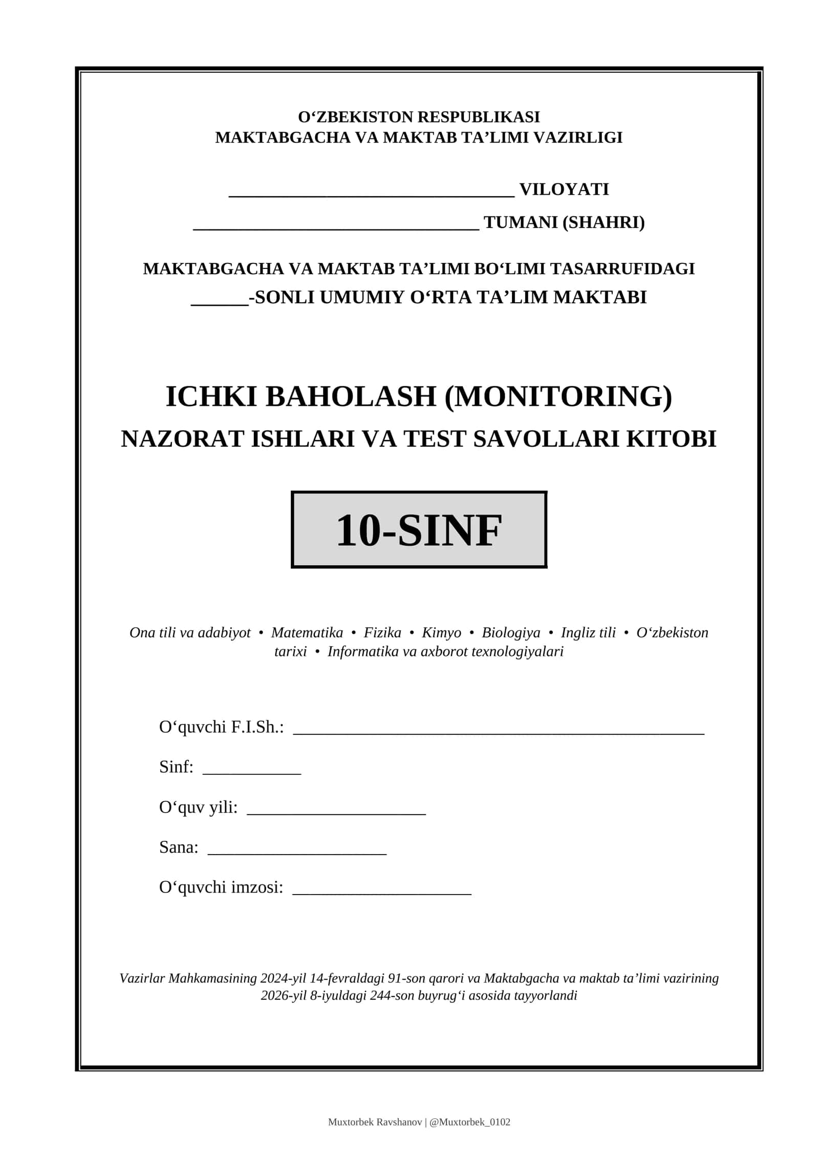 NAZORAT ISHLARI VA TEST SAVOLLARI KITOBI 10-SINF