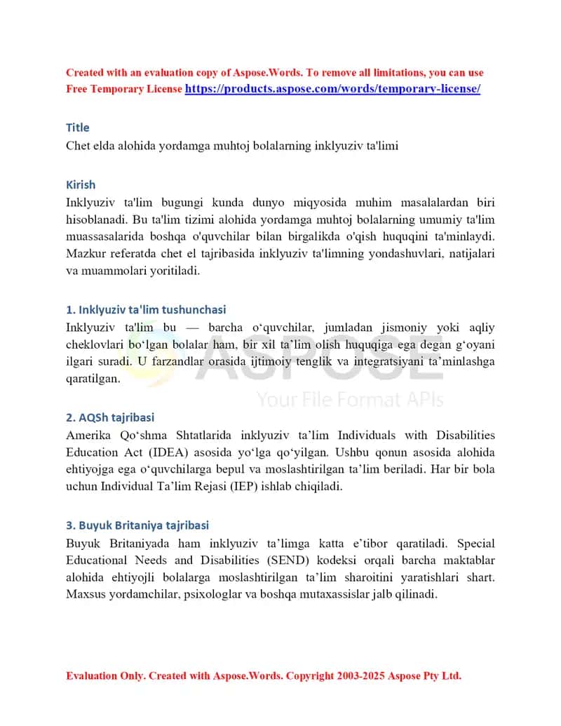 Chet elda alohida yordamga muhtoj bolalarning inklyuziv ta'limi