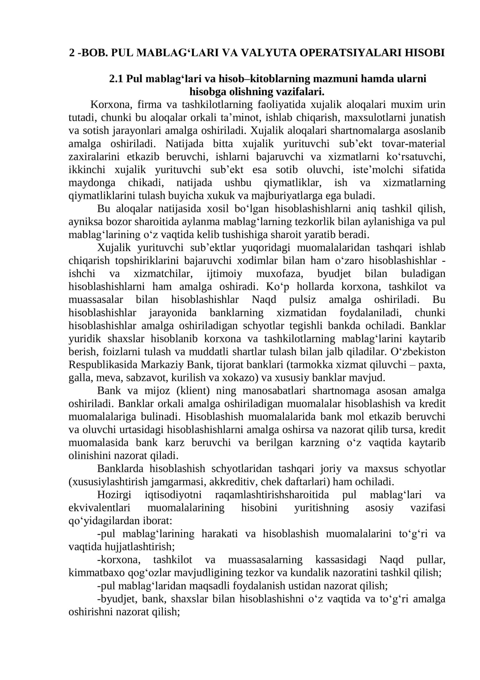Pul Mablag'lari va Valyuta Operatsiyalari Hisobi
